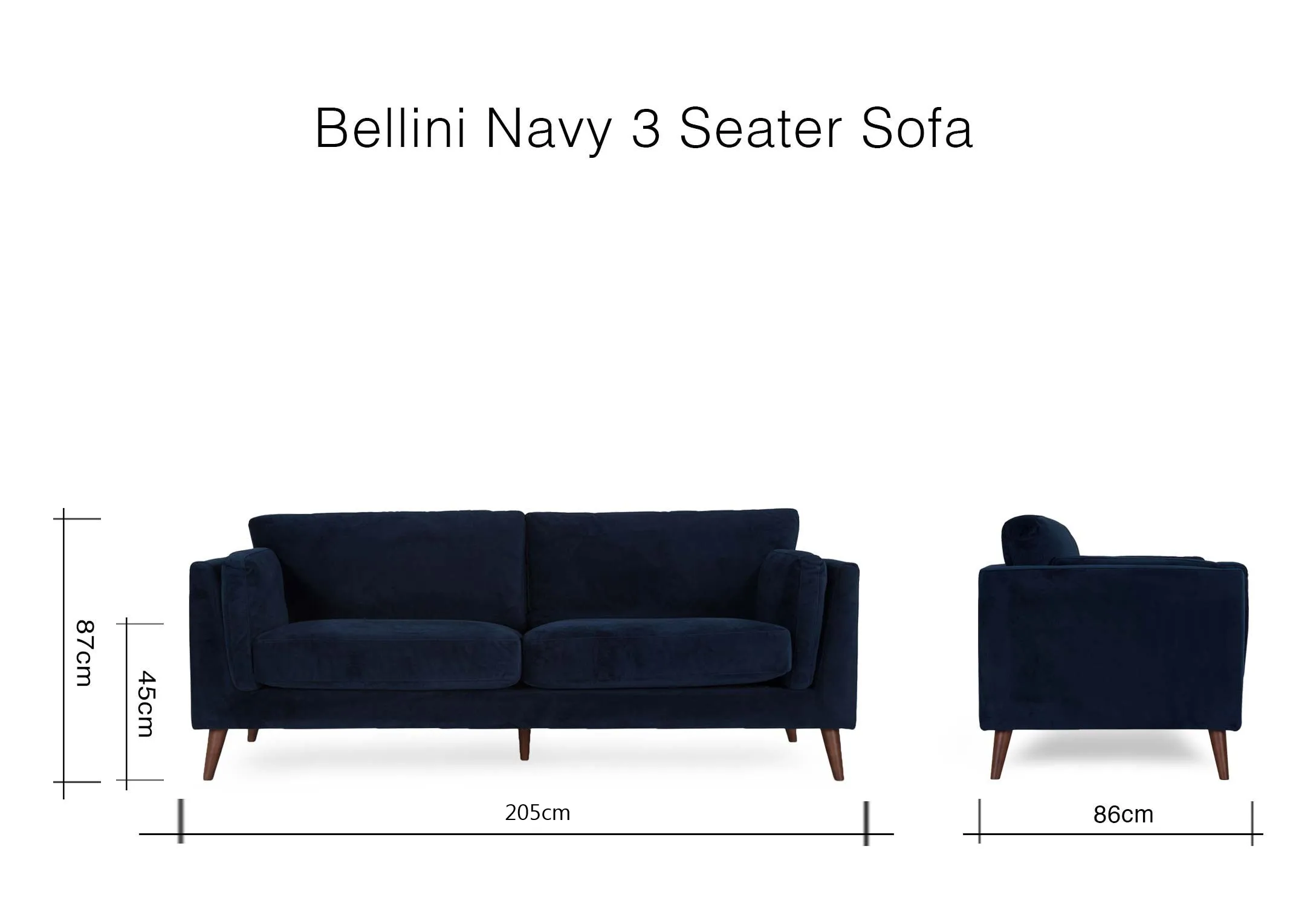 A dimension image of the Bellini 3 Seater Sofa with 205cm (Width) x 86cm (Depth) x 87cm (Height)