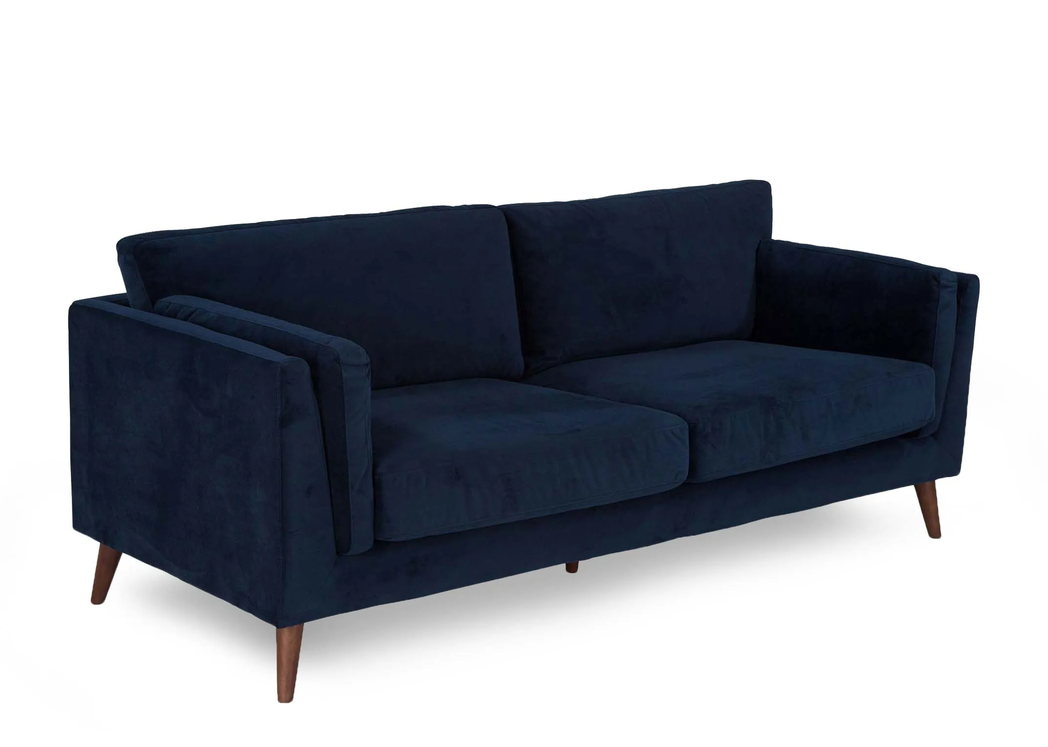 A navy velvet 3 seater sofa with walnut legs from EZ Living Furniture's Bellini range. Angled view of soft sofa.