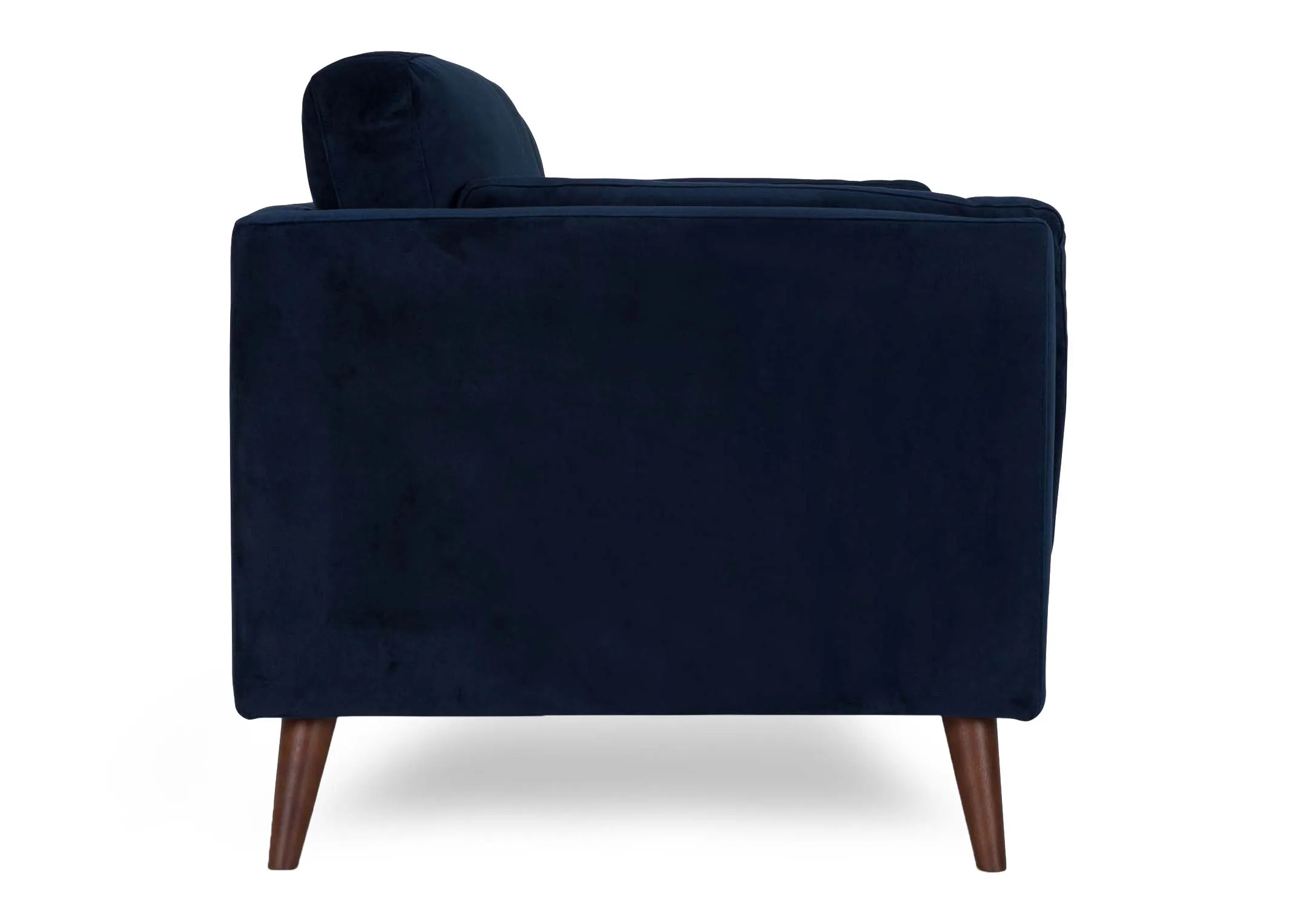 A navy velvet 3 seater sofa with walnut legs from EZ Living Furniture's Bellini range. Front view shows walnut legs