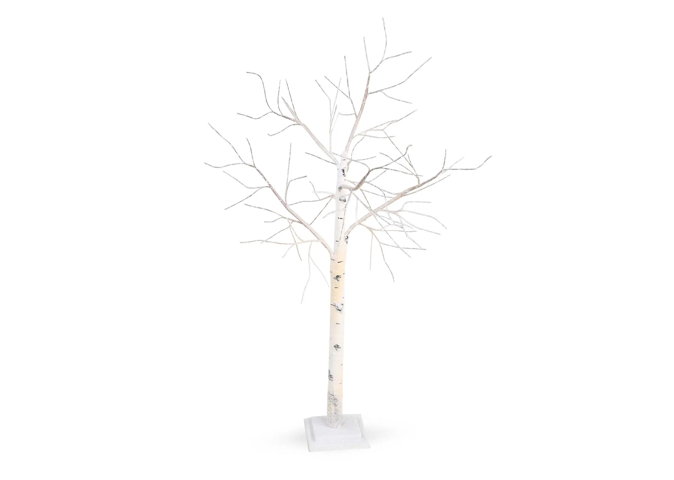 A large birch decorative tree on stand with 650 led lights from EZ Living Furniture's Christmas range. Front view of tree