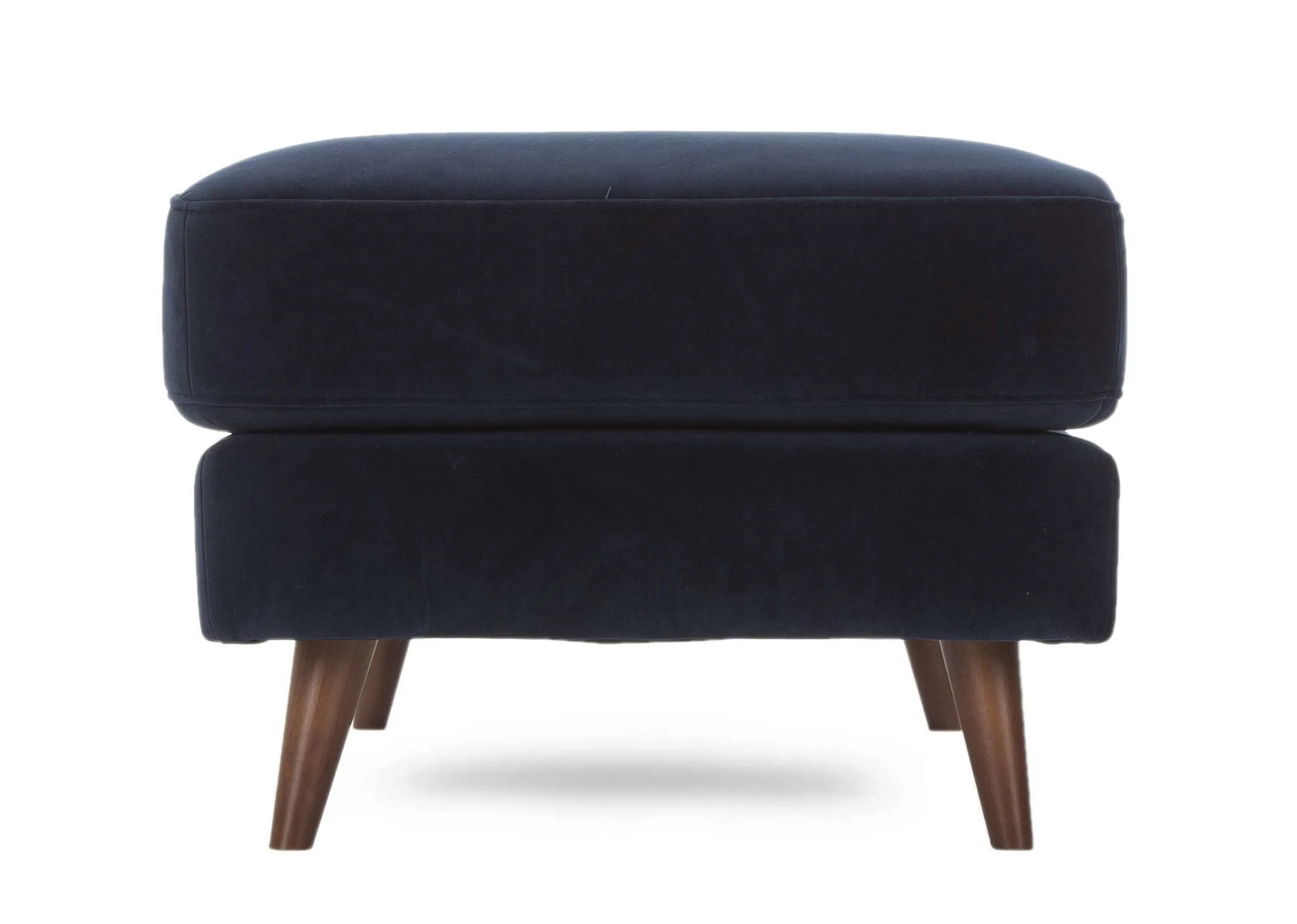 A large navy velvet footstool with dark wood feet from EZ Living Furniture's Bellini range. Side view of Bellini footstool