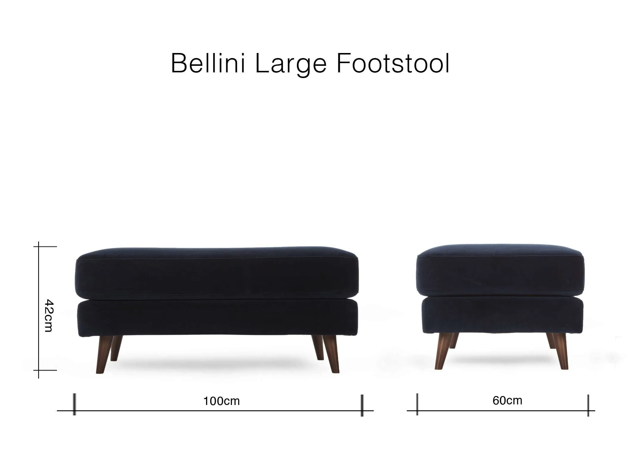 A dimension image of the large bellini navy footstool with 100cm (Width) x 60cm (Depth) x 42cm (Height)