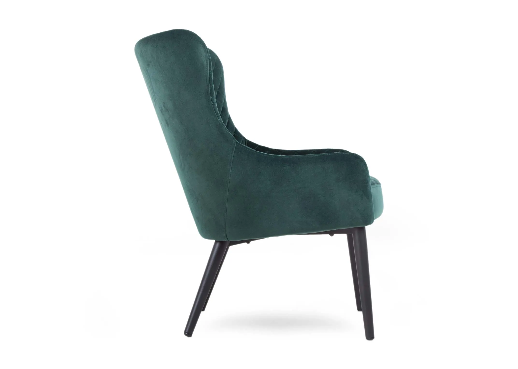 A green velvet lounge chair with patterned back & seat & metal legs from EZ Living Furniture. Side view of curved head & arm