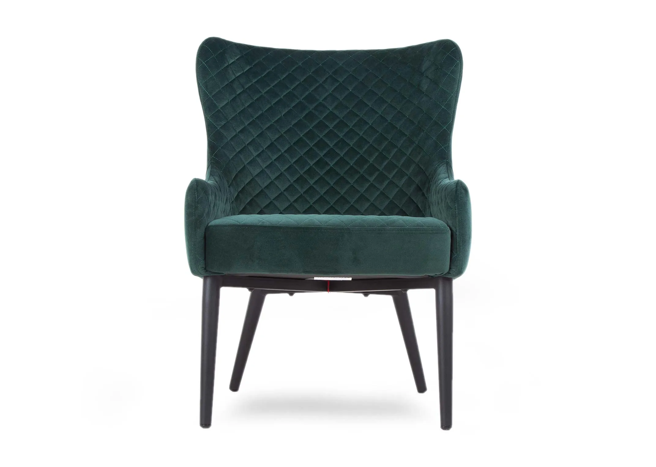 A green velvet lounge chair with patterned back & seat & metal legs from EZ Living Furniture. Front views of patterned fabric