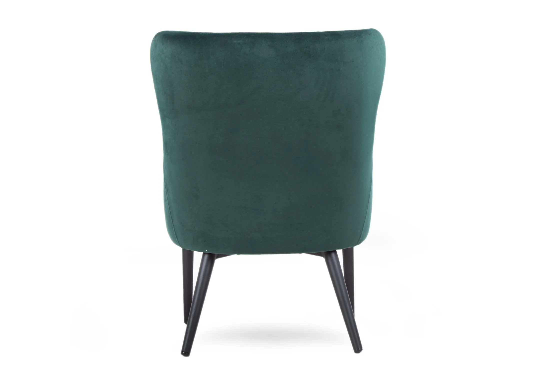 A green velvet lounge chair with patterned back & seat & metal legs from EZ Living Furniture. View of arched high back.
