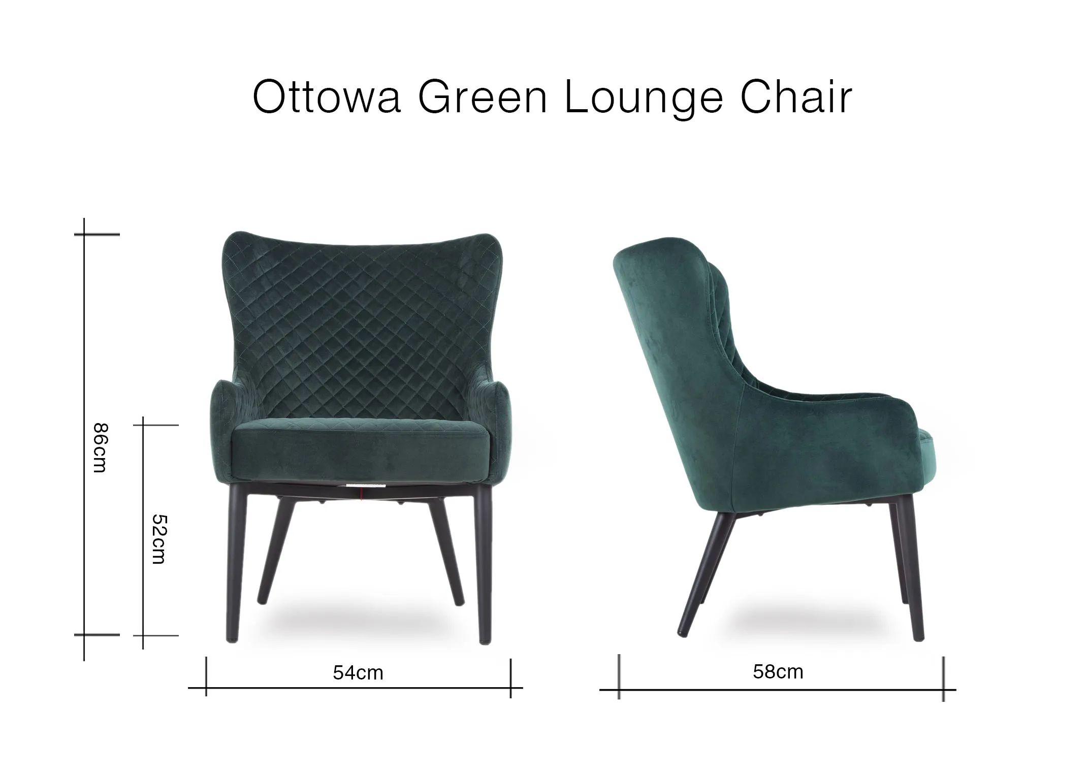 A dimension image of the Ottowa Lounge Chair with 54cm (width) x 58cm (depth) x 56cm (height) x 86cm (height)