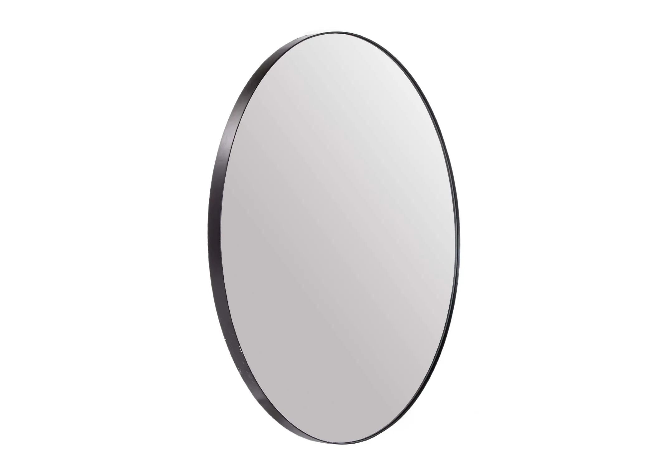 A large round mirror with black trim from EZ Living Furniture's Elling range. Angled view of the mirror showing trim