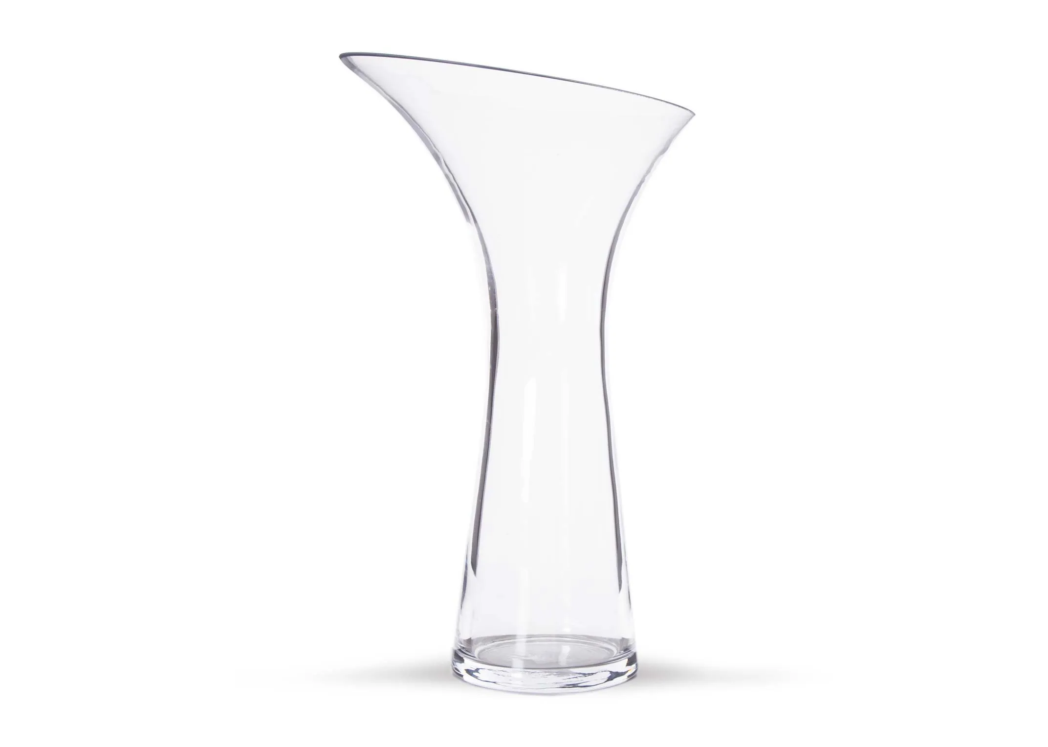 A clear glass medium vase with tilted top from EZ Living Furniture's Lorelle range. Front view of tilted vase