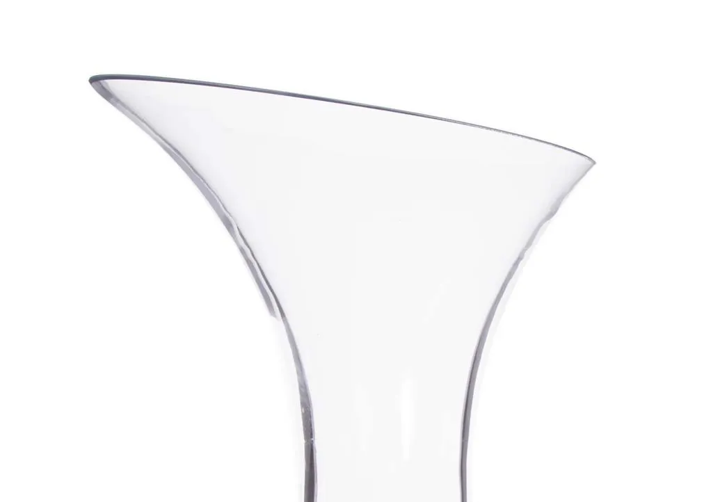 A clear glass medium vase with tilted top from EZ Living Furniture's Lorelle range. Closeup of tilted top.