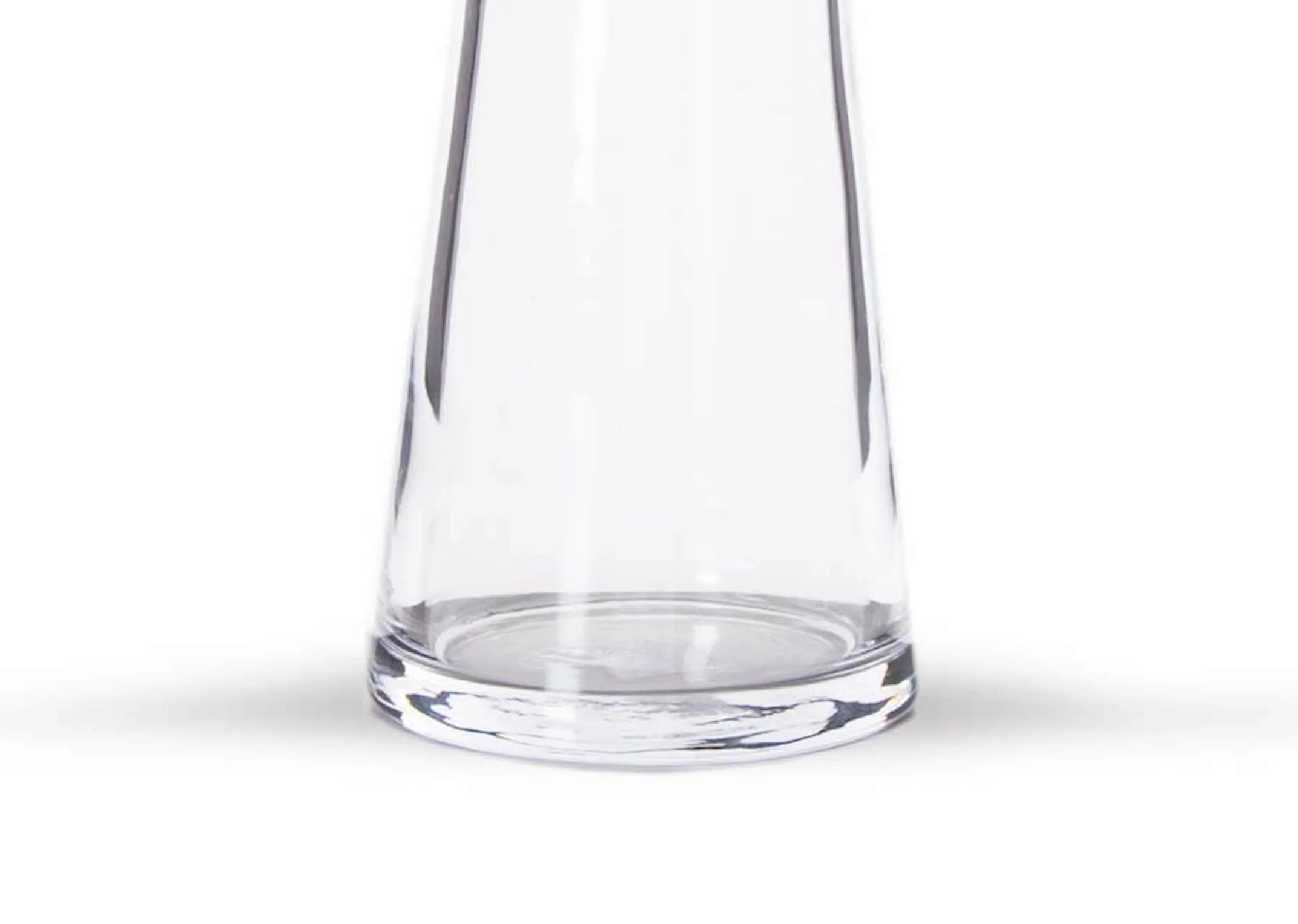 A clear glass medium vase with tilted top from EZ Living Furniture's Lorelle range. Base view of vase