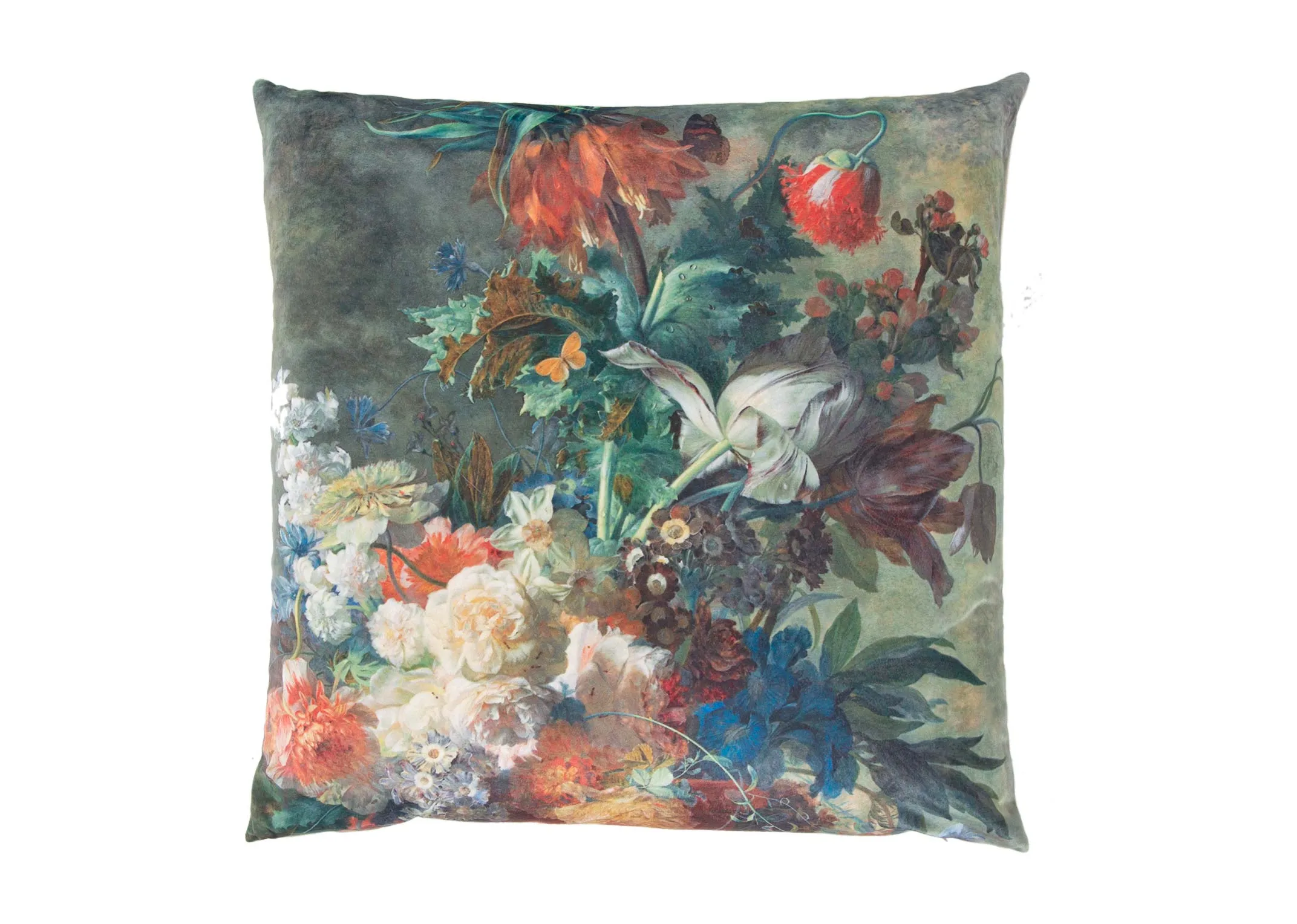 A vintage floral print fabric cushion from EZ Living Furniture's Cushion range. Front view of painting like print.