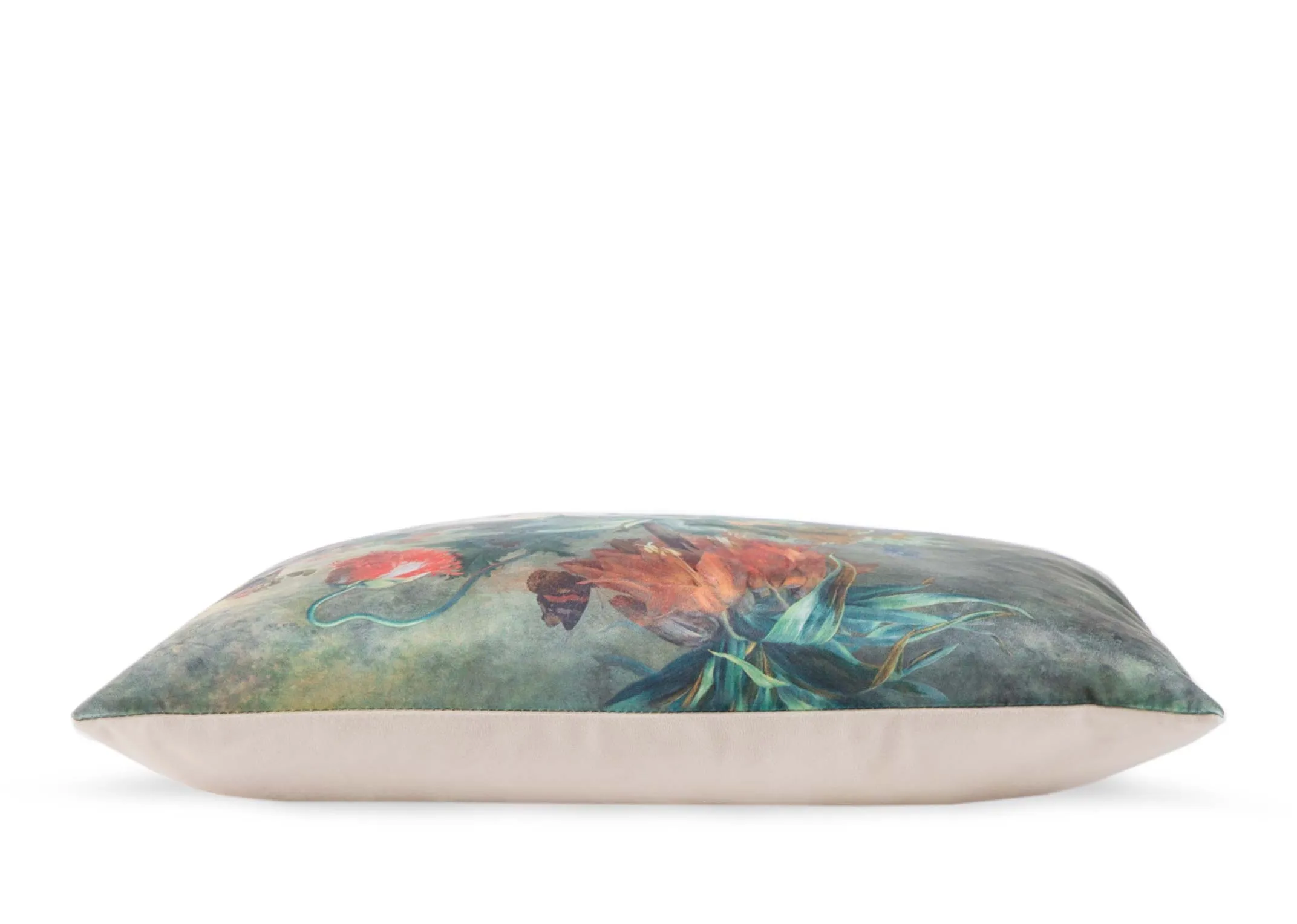 A vintage floral print fabric cushion from EZ Living Furniture's Cushion range. Side view of vintage cushion shows depth