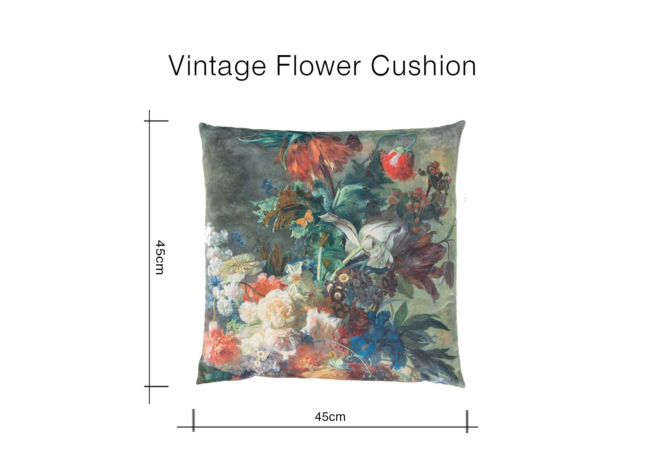 A dimension image of the Vintage Flower Cushion with 45cm (width) x 45cm (height)