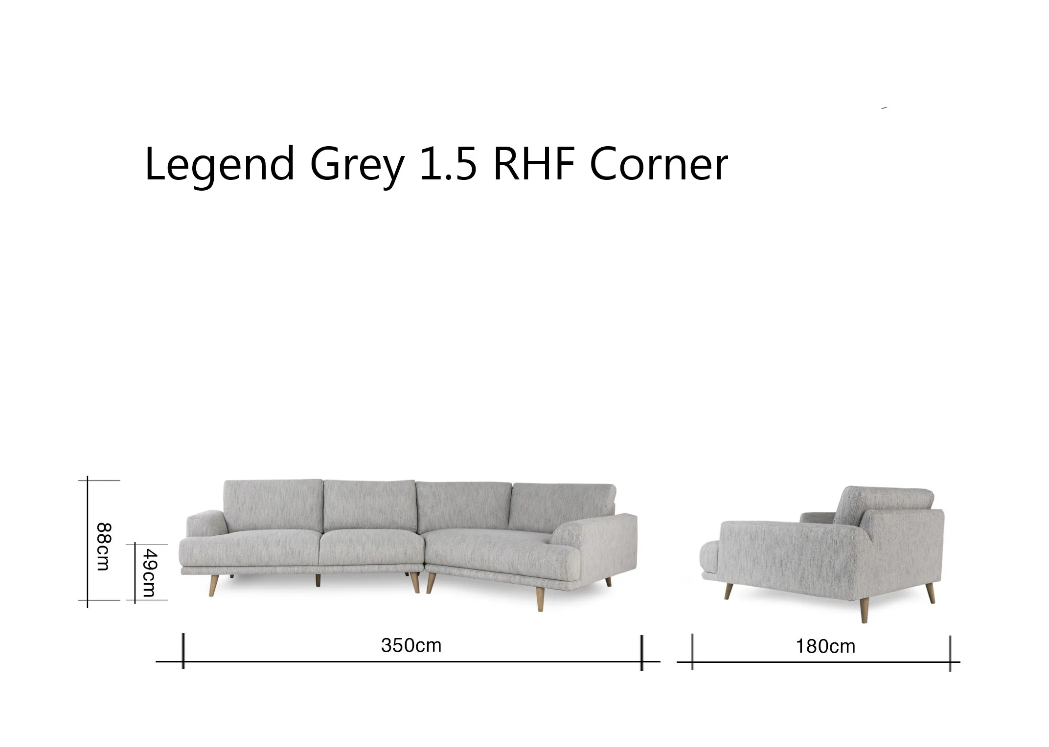 A dimension image of the Legend Grey Corner Sofa with RHF Corner with 330cm (Width) x 180cm (Depth) x 88cm (Height)
