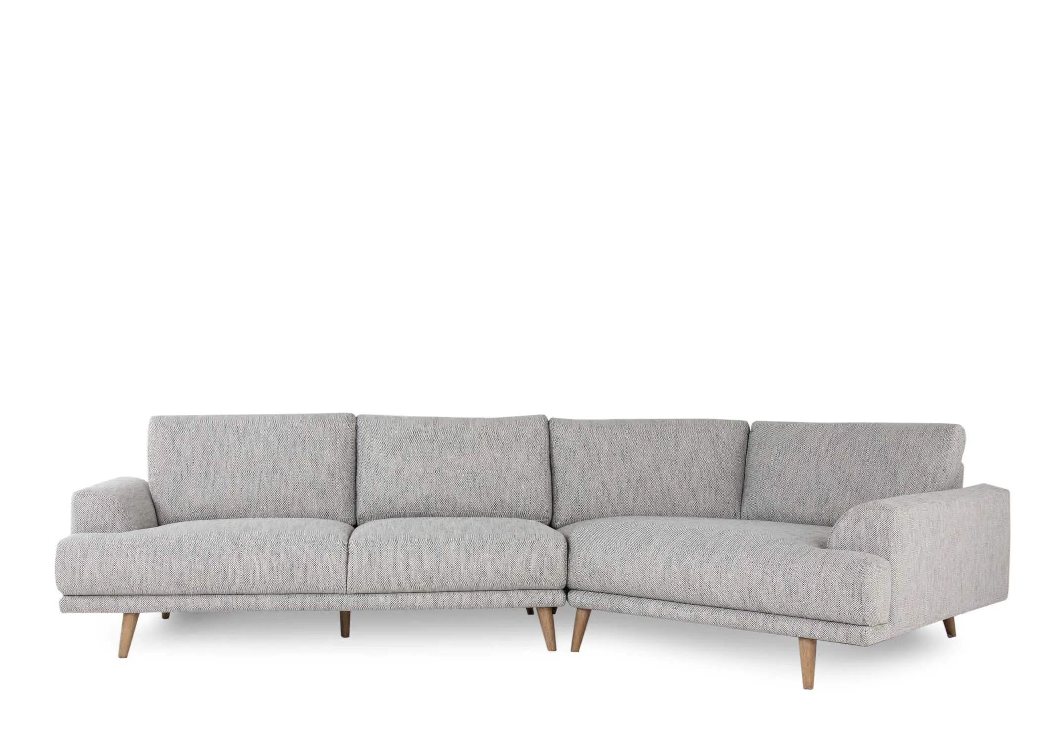 A grey fabric corner to the right sofa with oak legs from EZ Living Furniture's Legend range. Front view of plump cushions