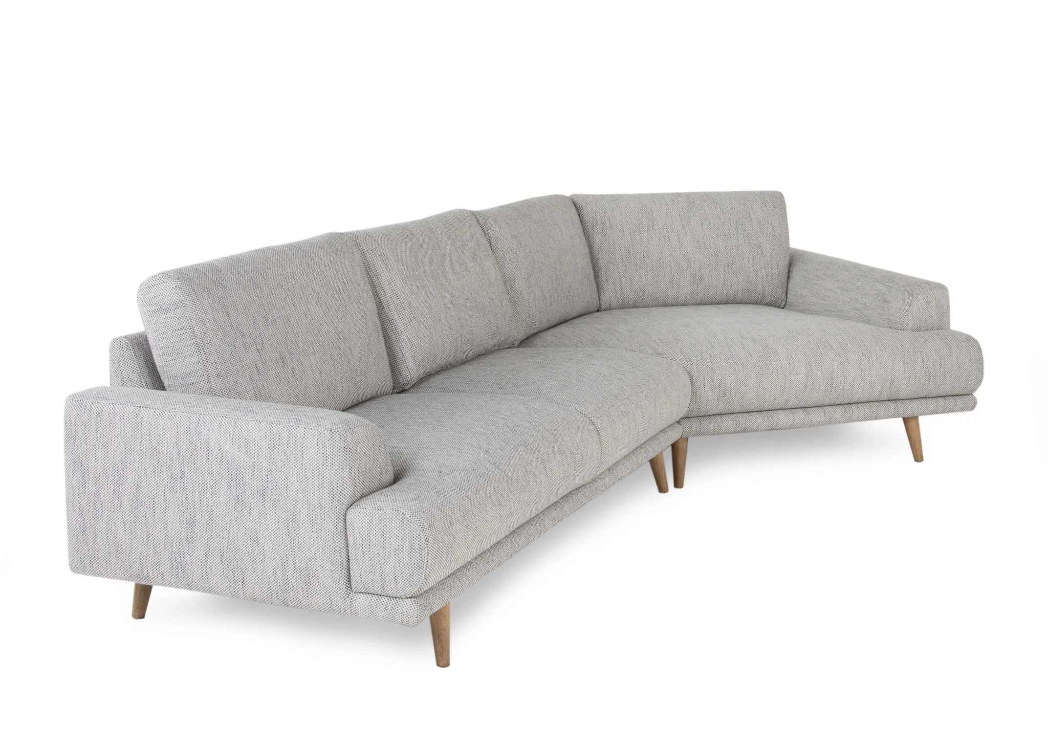 A grey fabric corner to the right sofa with oak legs from EZ Living Furniture's Legend range.Angled view of oak legs