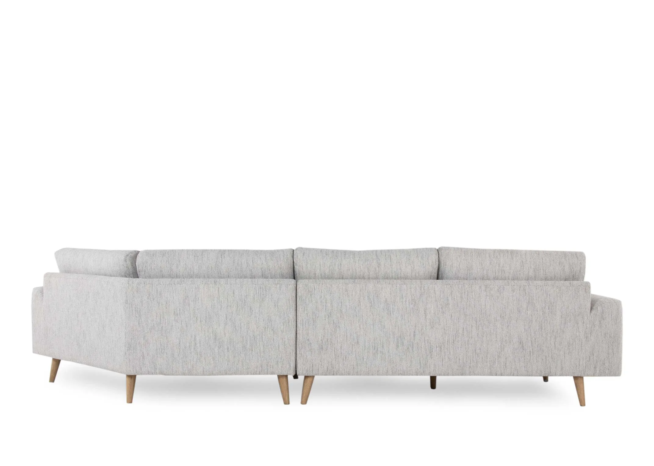 A grey fabric corner to the right sofa with oak legs from EZ Living Furniture's Legend range. Back view of the warrantied fra