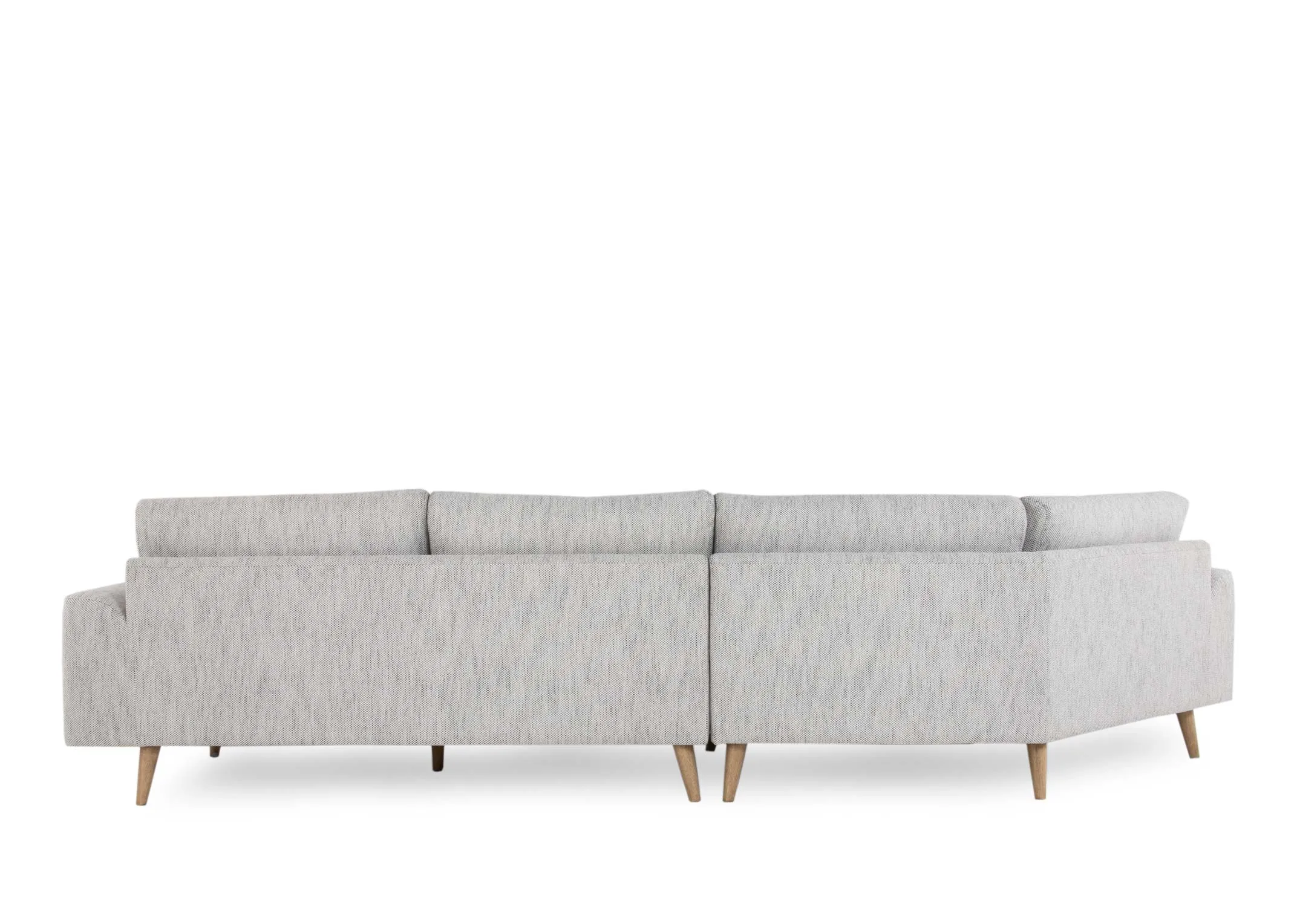 A grey fabric corner to the left sofa with oak legs from EZ Living Furniture's Legend range. Back view of warrantied frame