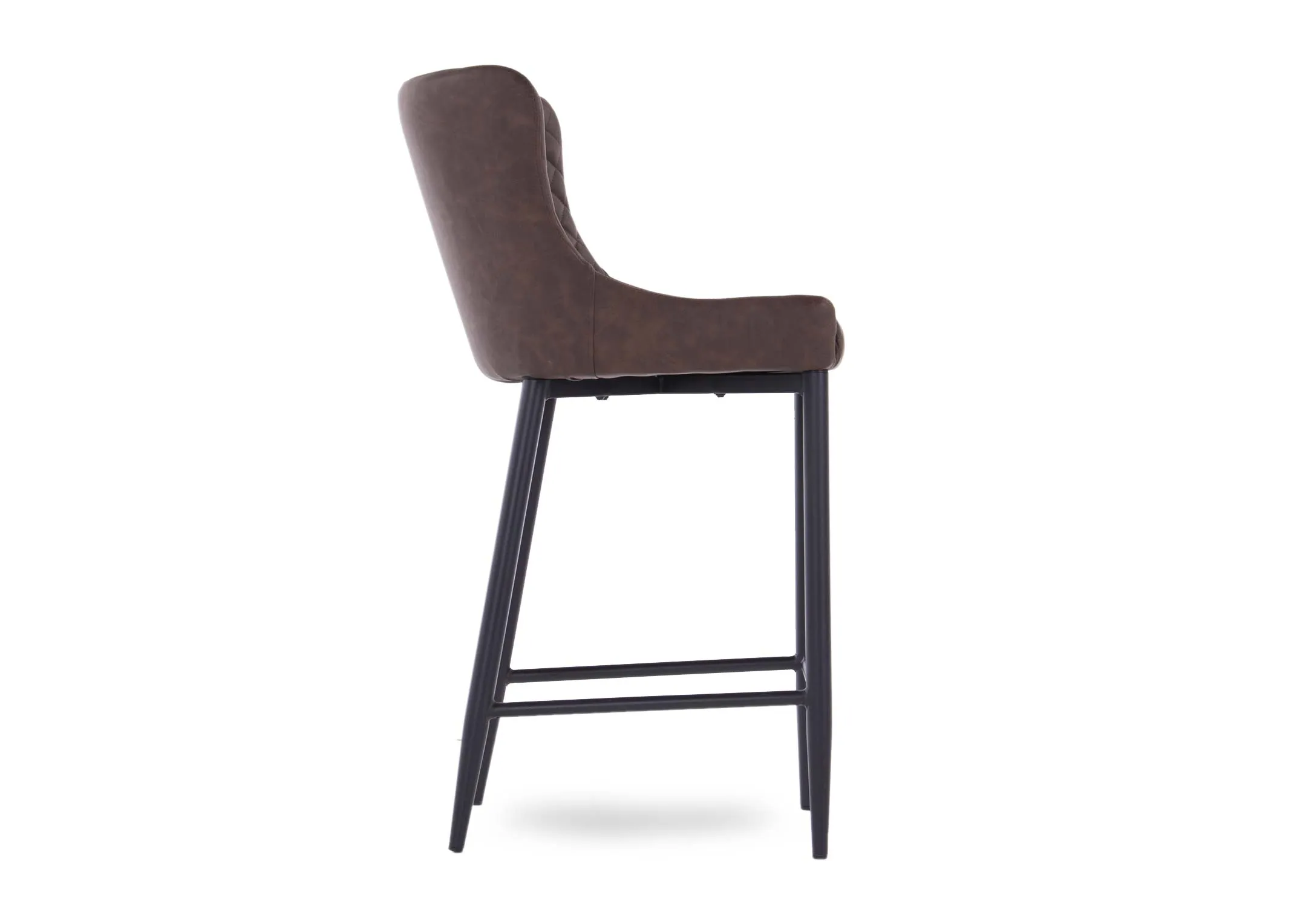 A vintage brown bar stool with faux leather & metal legs from EZ Living Furniture's Ottowa range. Side view of arch back