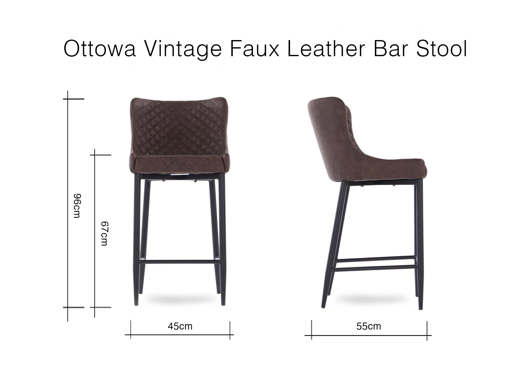 A dimension image of the Ottowa Vintage Brown stool with 45cm (width) x 55cm(depth) x 67cm(set) x 96cm(height)