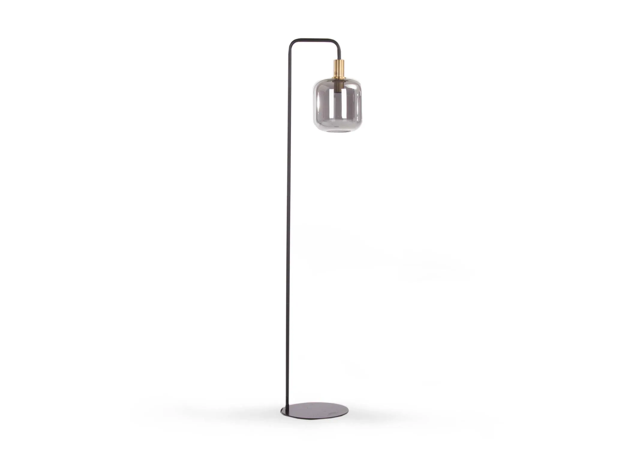 An antique bronze floor lamp with smoke glass shade from EZ Living Furniture's Lekar range. Angled view of pendant & stand.