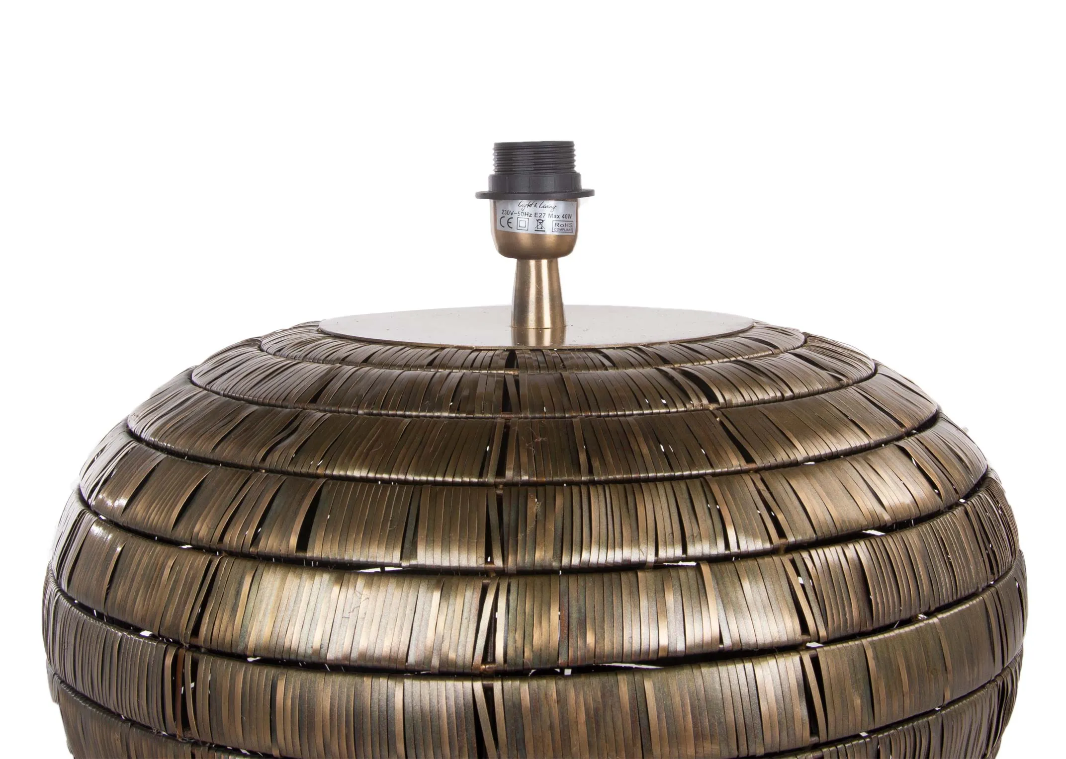 A bronze round lamp base with natural drum shade from EZ Living Furniture's Kymori range. Closeup of the bronze base