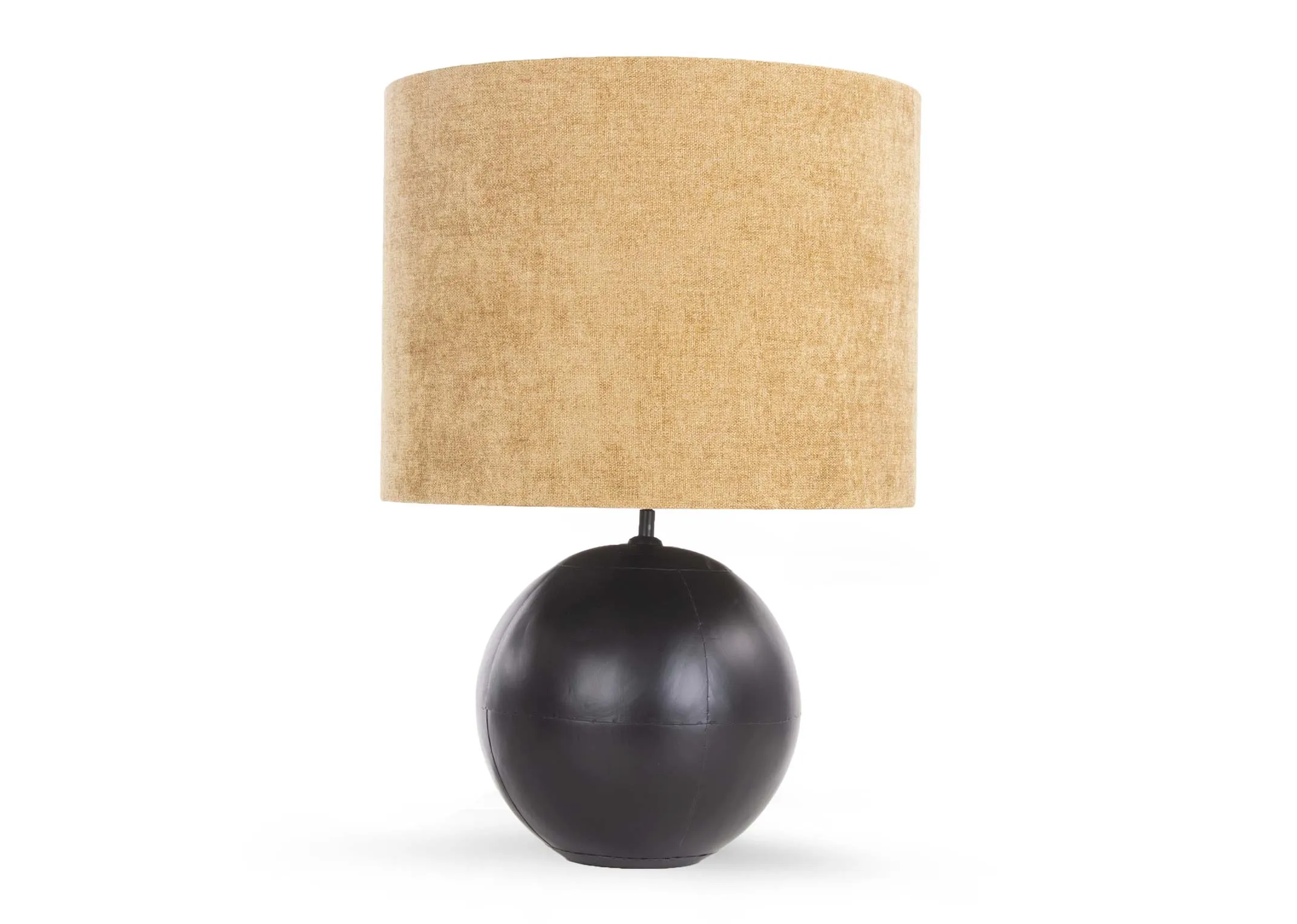 A round black lamp base with gold fabric shade from EZ Living's Ebula range. Front view of table lamp