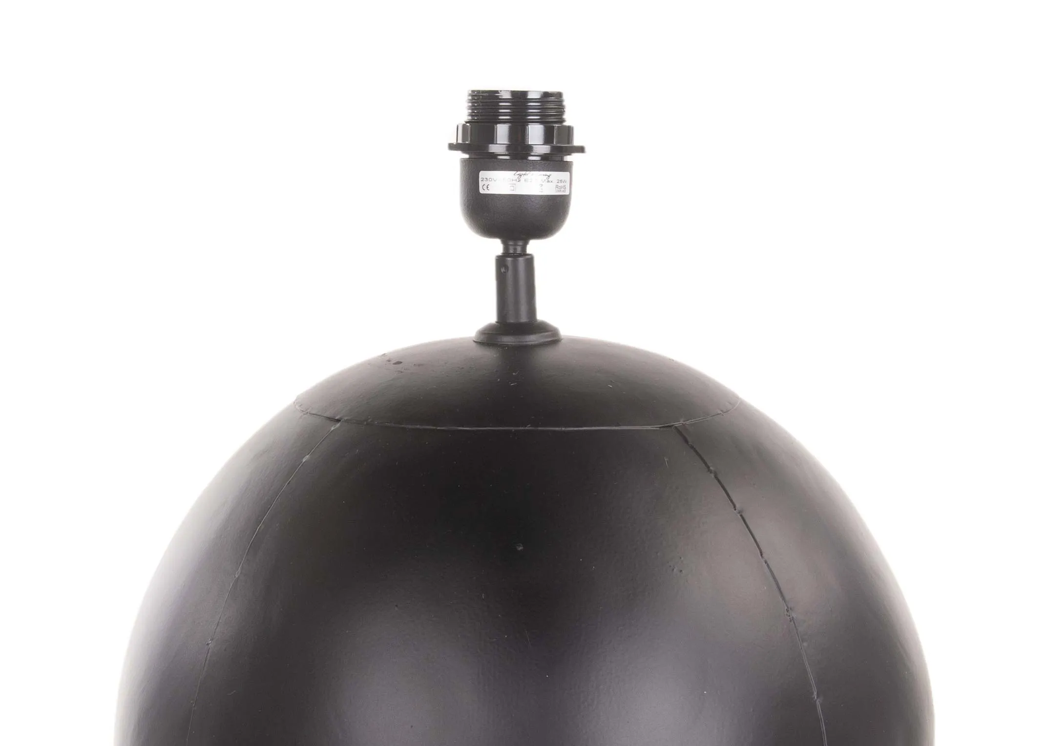A round black lamp base with gold fabric shade from EZ Living's Ebula range. Closeup of e27 fitting