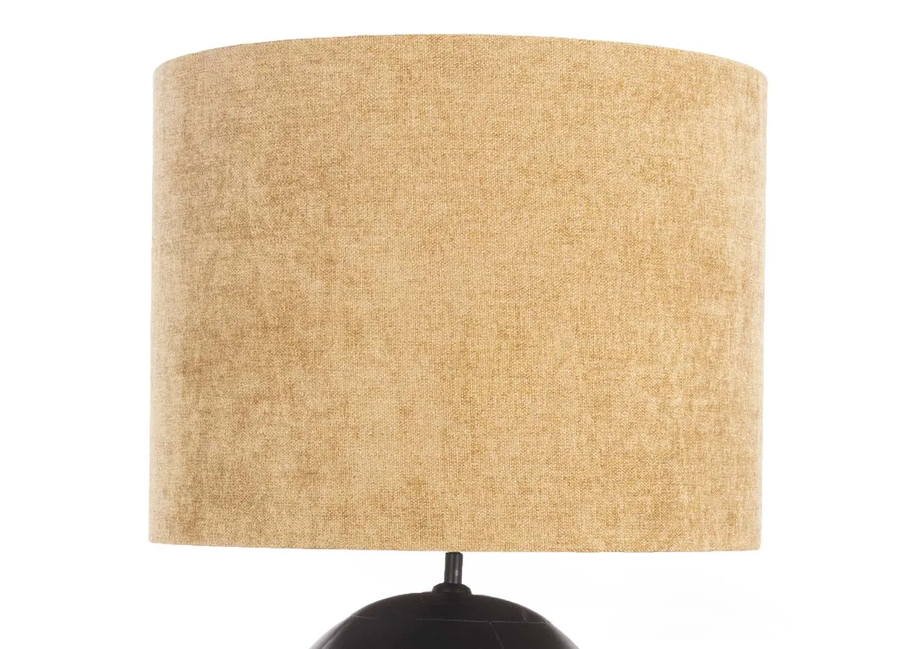 A round black lamp base with gold fabric shade from EZ Living's Ebula range.Closeup of gold shade