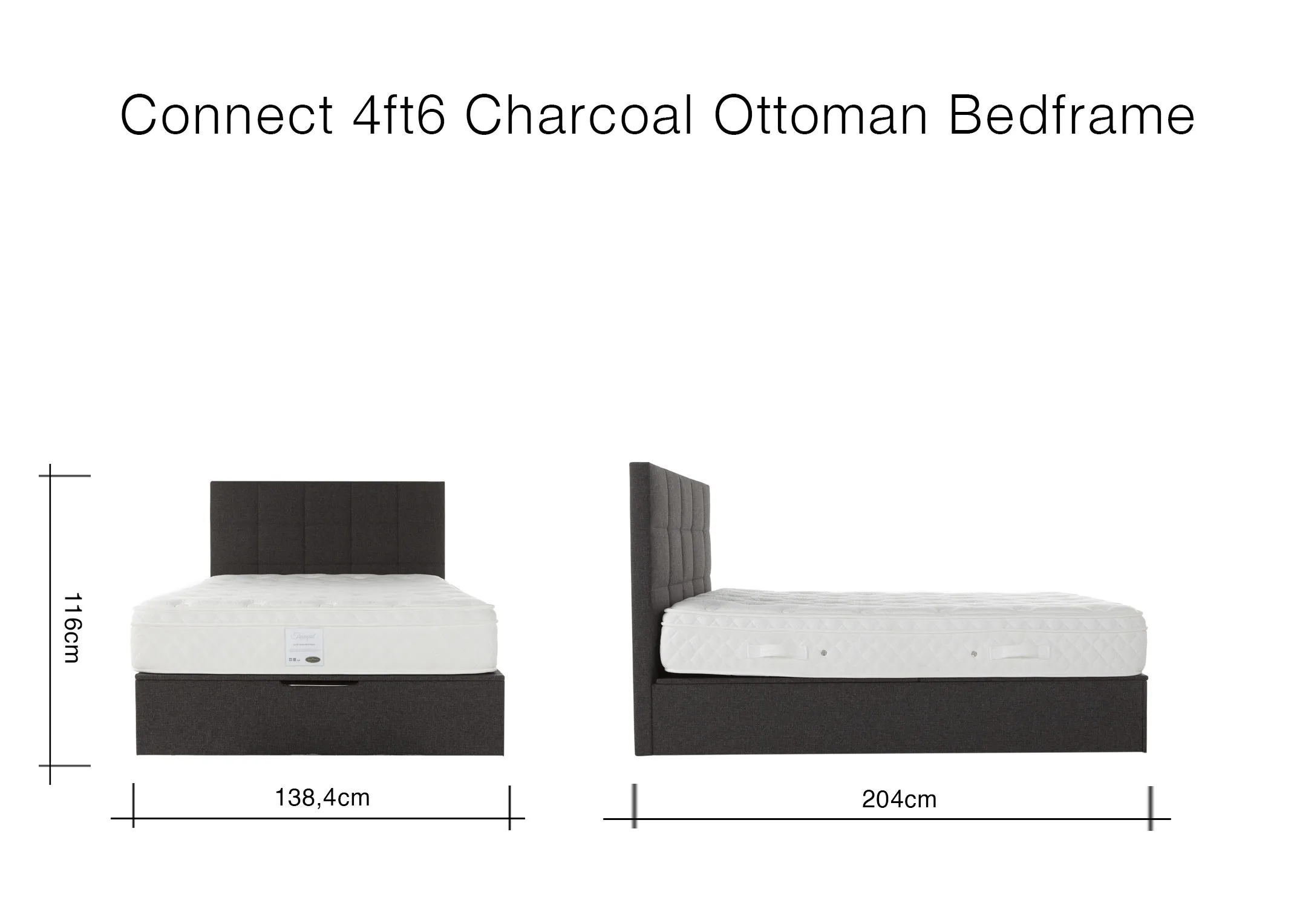 A dimension image of the Connect 4ft6 Charcoal Ottoman Bed with 138.5cm(Width) x 204cm (Length) x 118cm (Height)