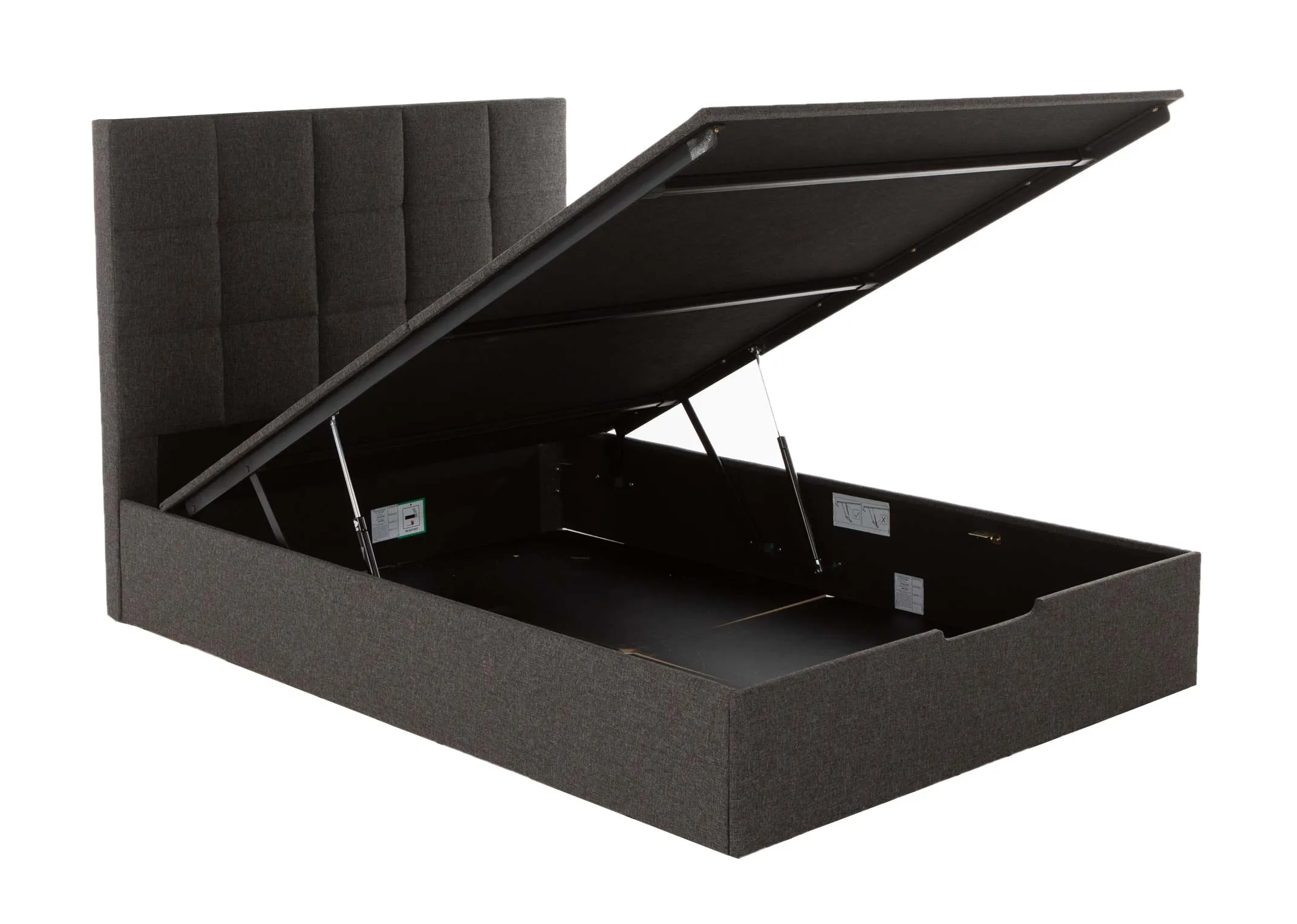 A grey fabric 5ft ottoman bedframe from EZ Living Furniture's Ottoman range. Angled view of storage under base.