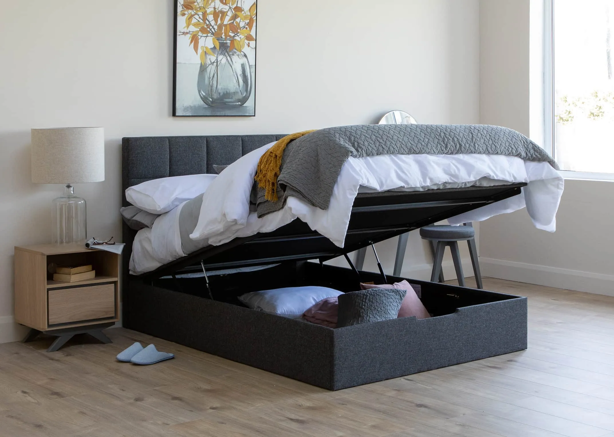 King Size (5ft) Dark Grey Fabric Ottoman Bed Frame- Connect