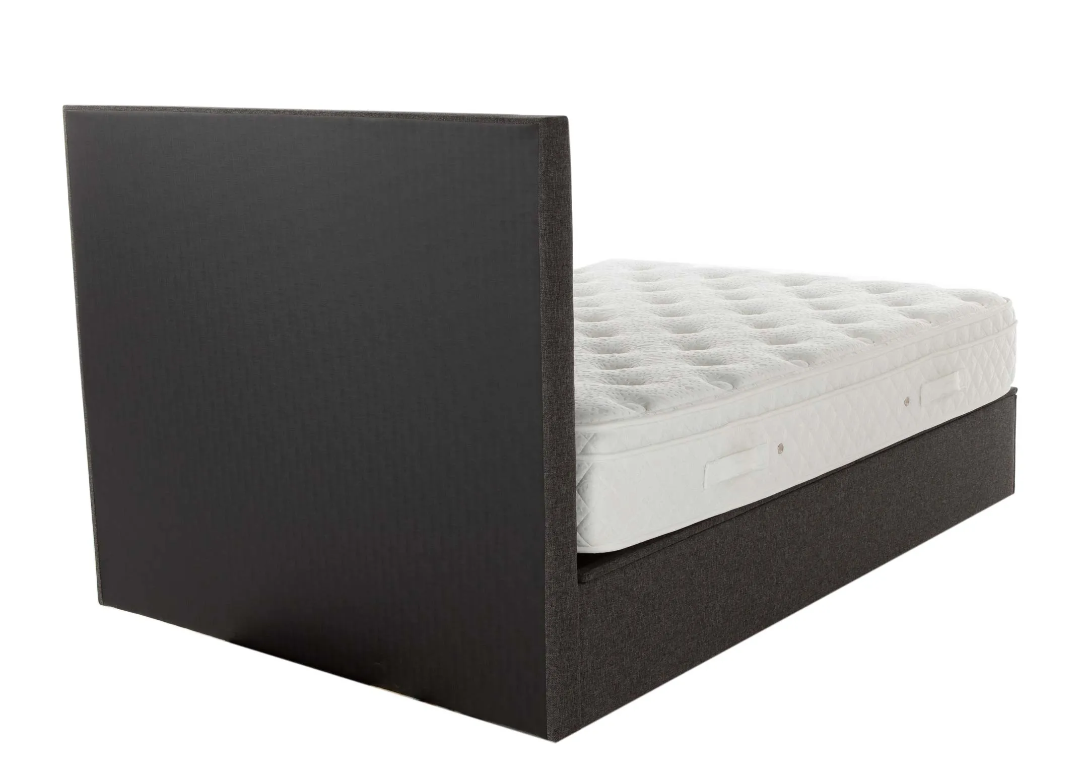 A grey fabric 5ft ottoman bedframe from EZ Living Furniture's Ottoman range. Back view of high headboard