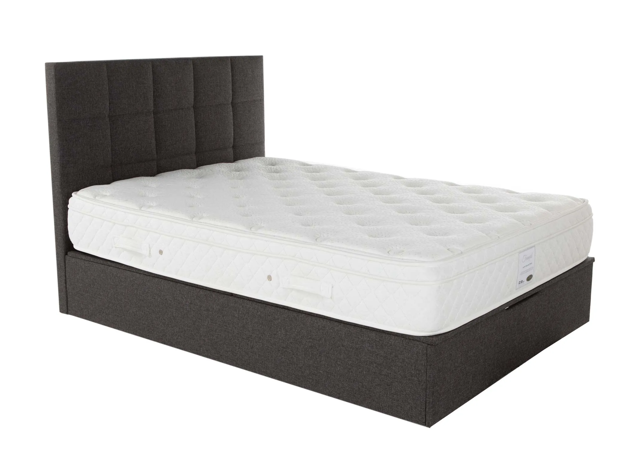 A grey fabric 5ft ottoman bedframe from EZ Living Furniture's Ottoman range. Angled view with mattress.