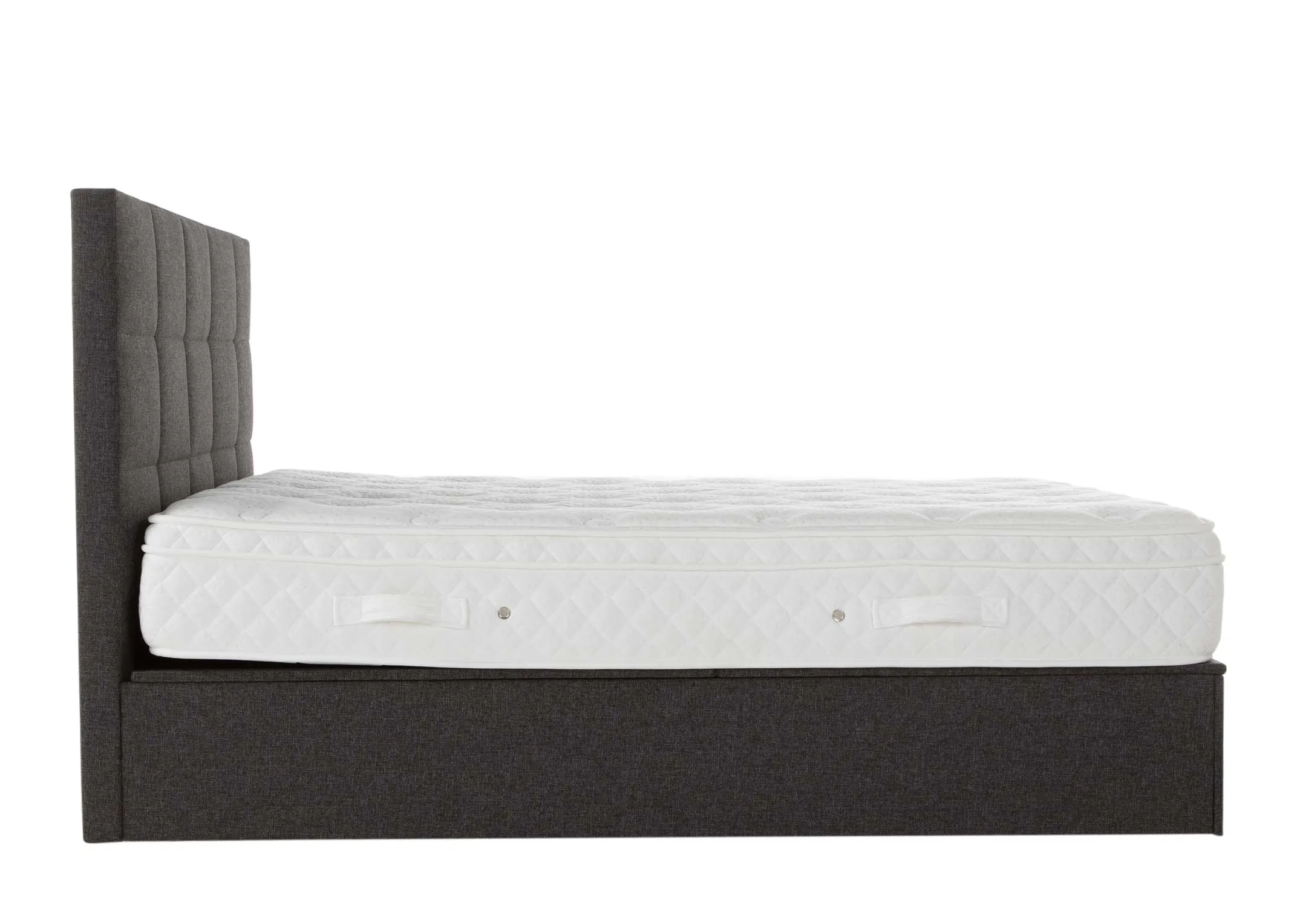 A grey fabric 5ft ottoman bedframe from EZ Living Furniture's Ottoman range. Side view with mattress