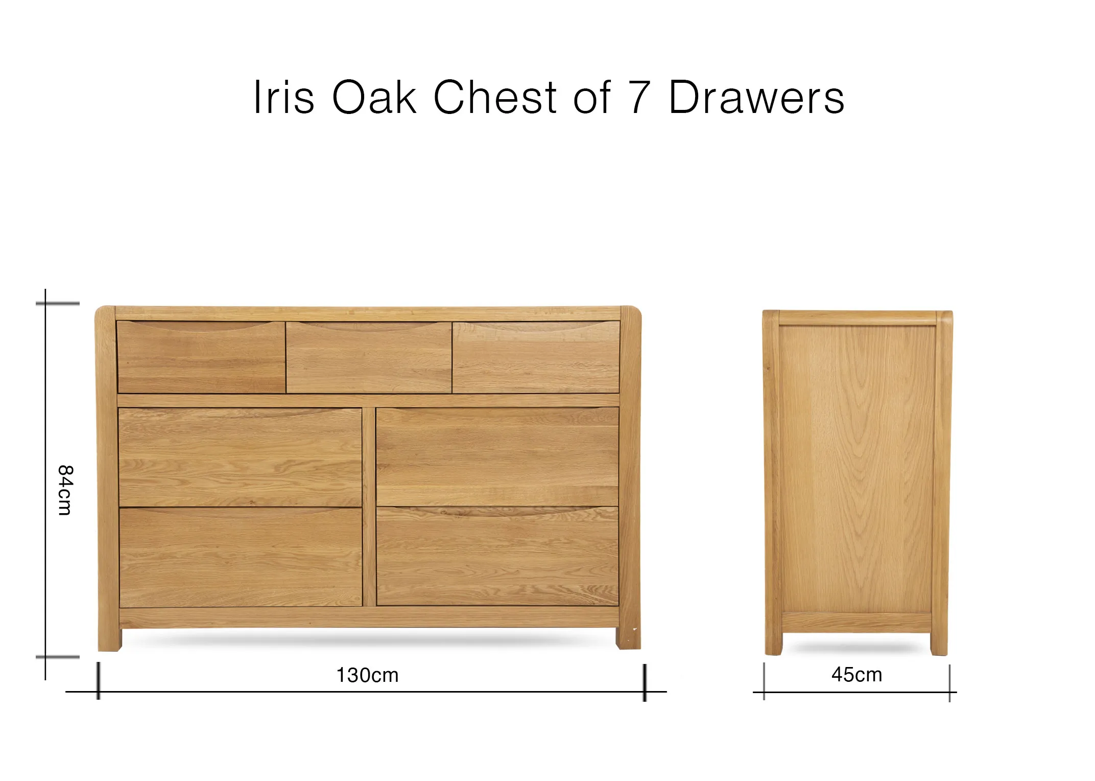A dimension image of the Iris Oak Chest of drawers with 130cm (Width) x 45cm (Depth) x 84cm (Height)