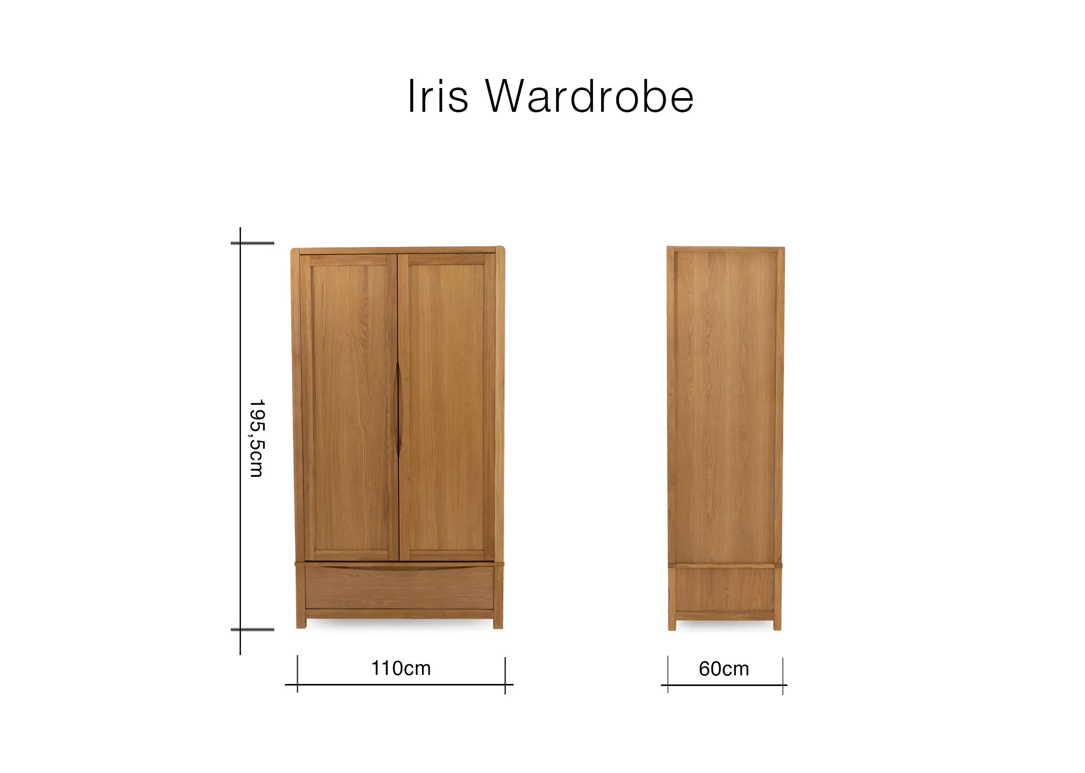 A dimension image of the Iris wardrobe with 110cm x 60cm x 195cm