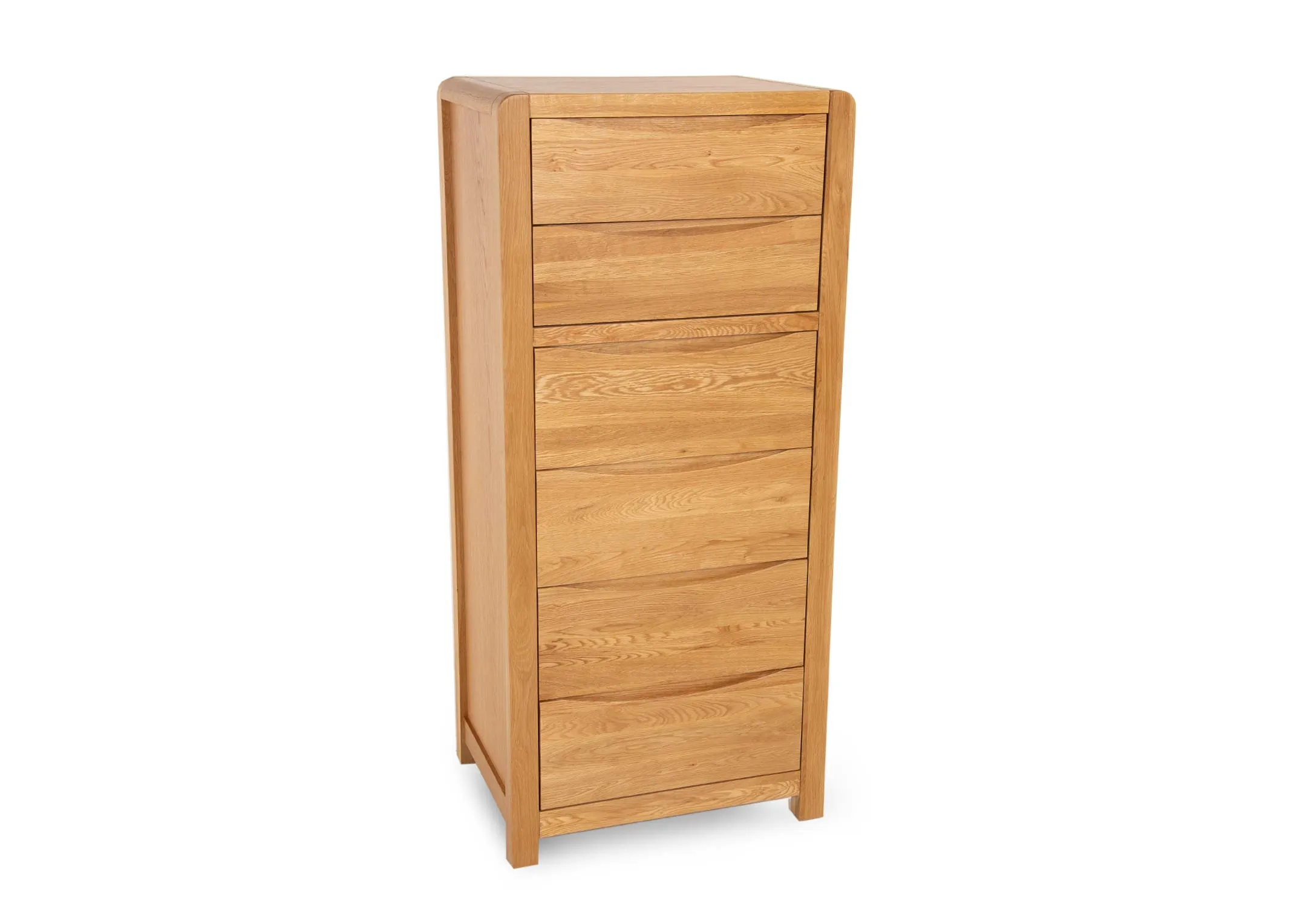 An oak tallboy with 2 over 4 drawers from EZ Livings Iris range. Angled view of smooth texture finish & curved soft edges