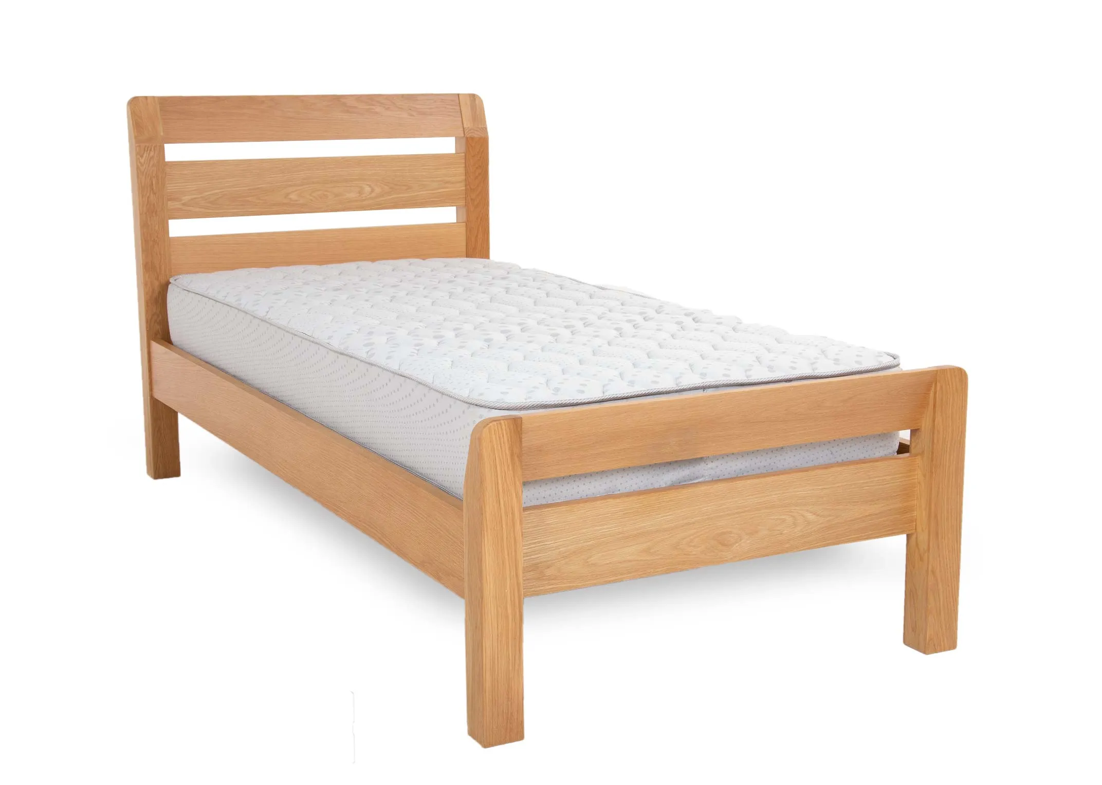 An oak 3ft single bedframe from EZ Livings Iris range. Angled view of bed with mattress & high ladder headboard
