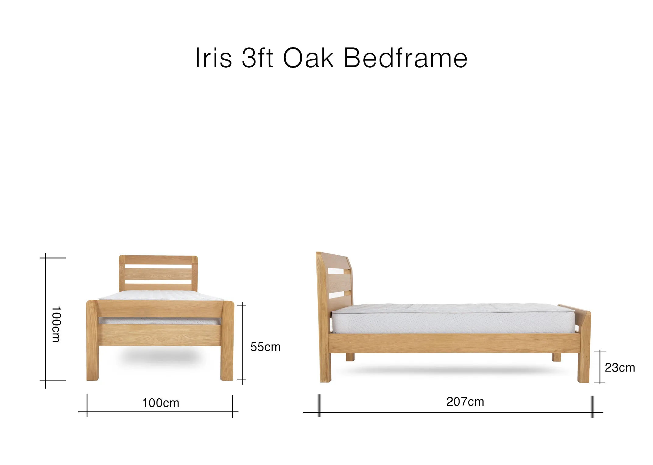 A dimension image of the Iris 3ft Bedframe with 100cm (Width) x 207cm (Length) x 100cm (Height)