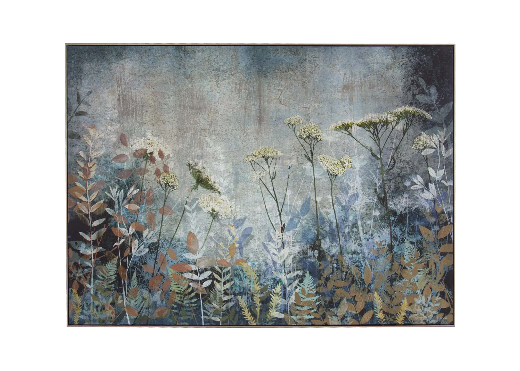 A framed canvas of moody wildflowers from Sabrina Roscino's Fanciful range. Front view of print.