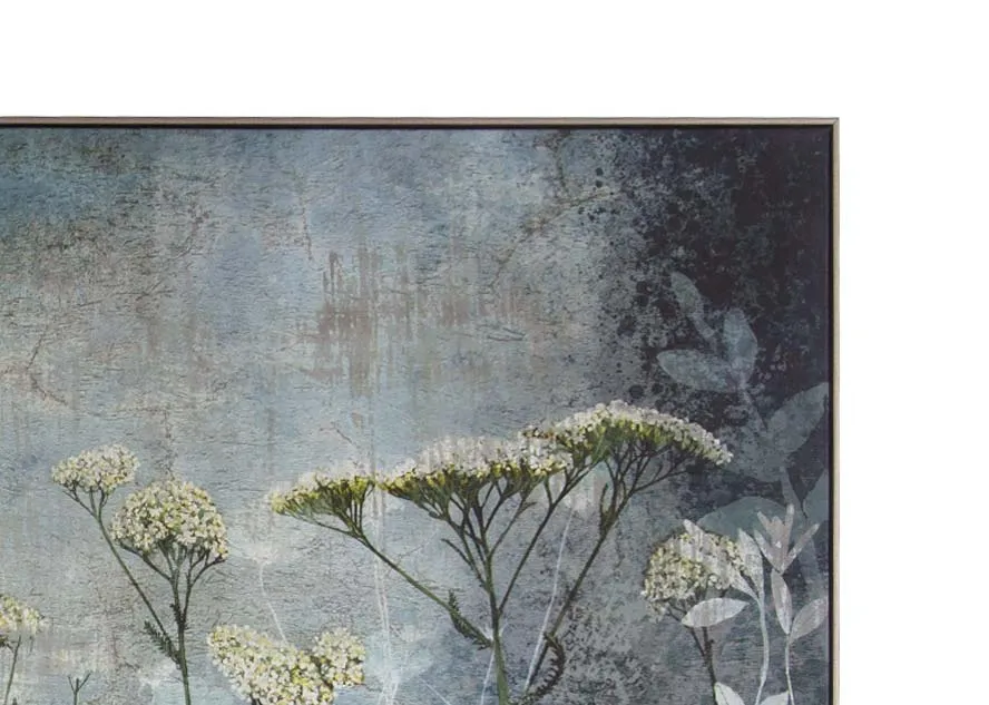 A framed canvas of moody wildflowers from Sabrina Roscino's Fanciful range. Closeup of silver frame.