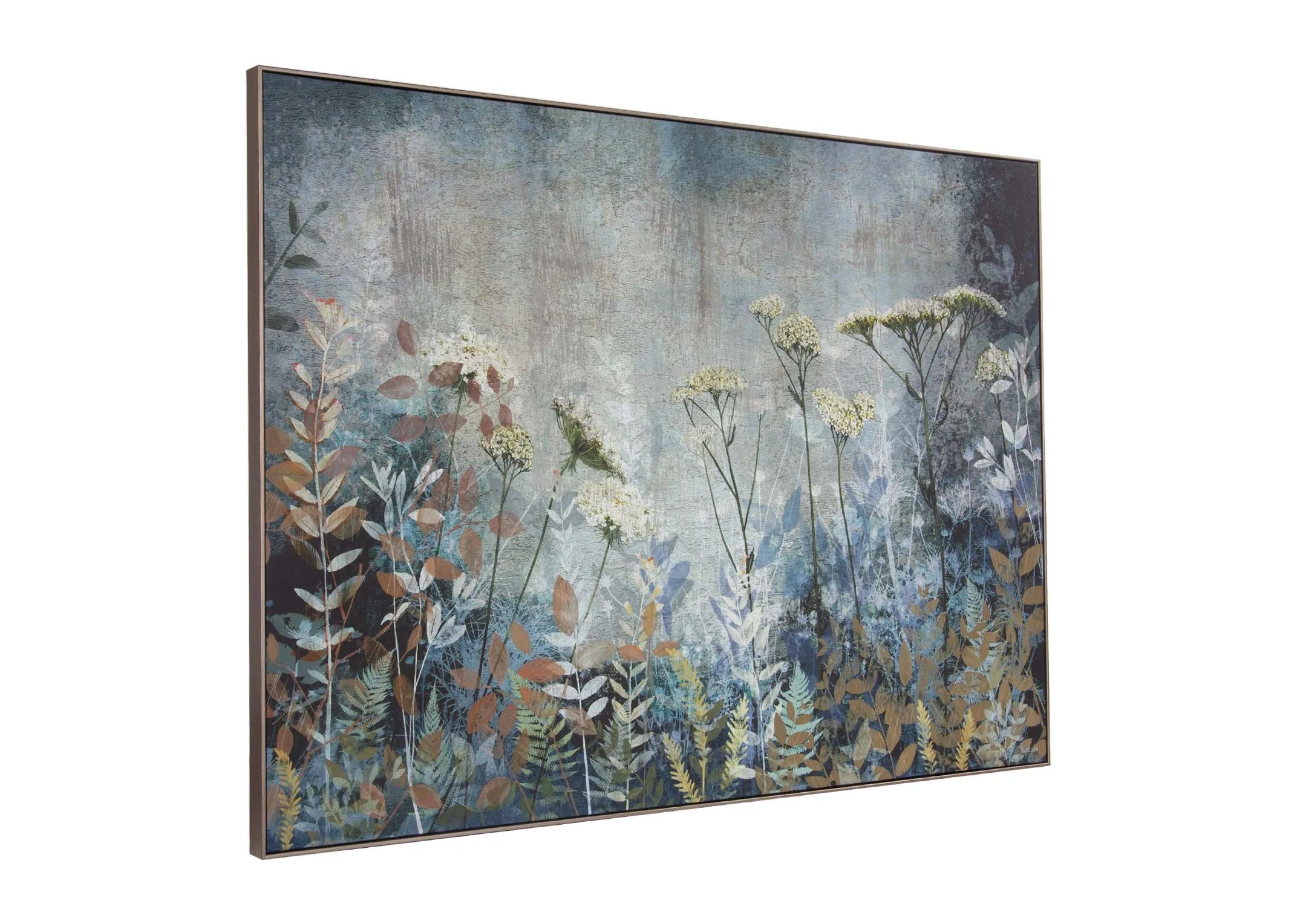 A framed canvas of moody wildflowers from Sabrina Roscino's Fanciful range. Angled view of depth.