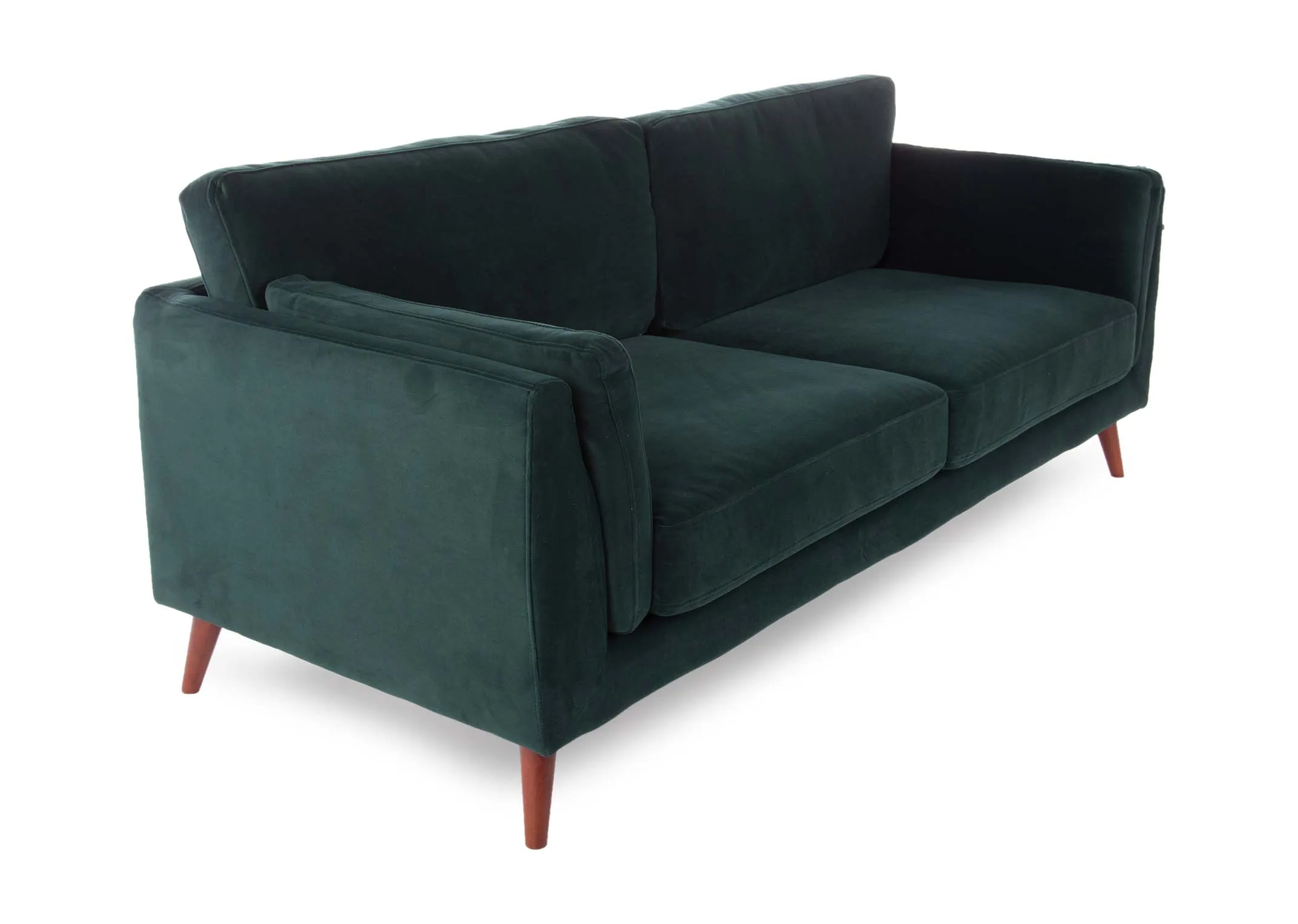 A green velvet 3 seater sofa from EZ Living's Bellini range. Angled view of dark wood feet