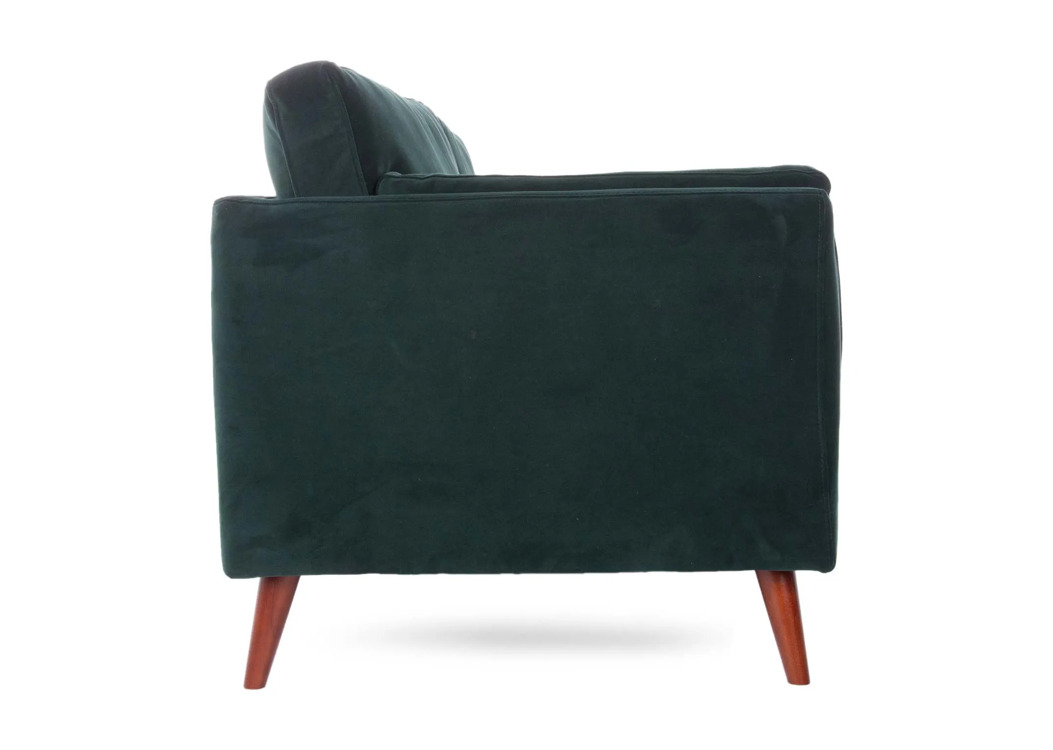 A green velvet 3 seater sofa from EZ Living's Bellini range. Side view of high square arms