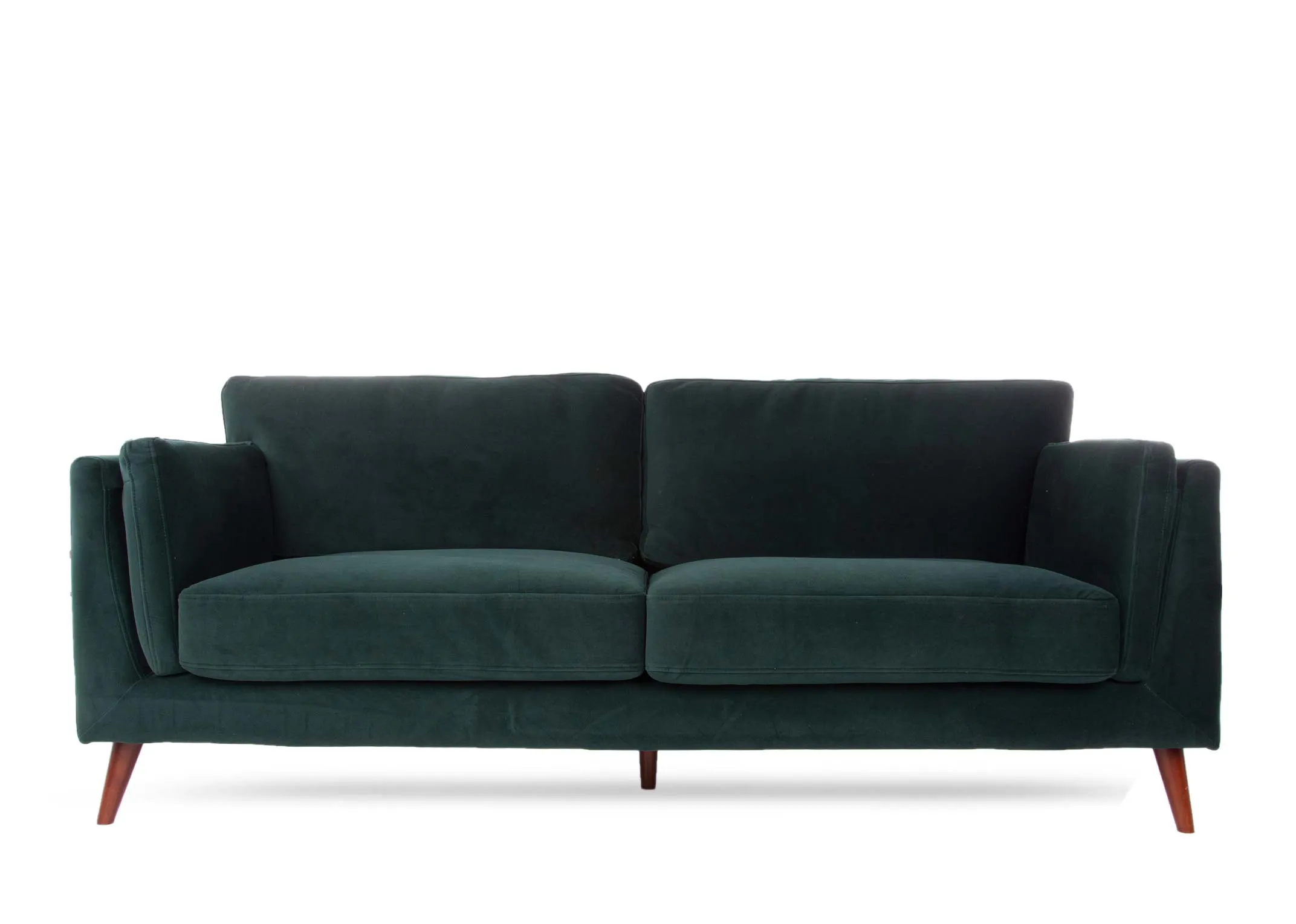 A green velvet 3 seater sofa from EZ Living's Bellini range. Front view of plush seat cushions