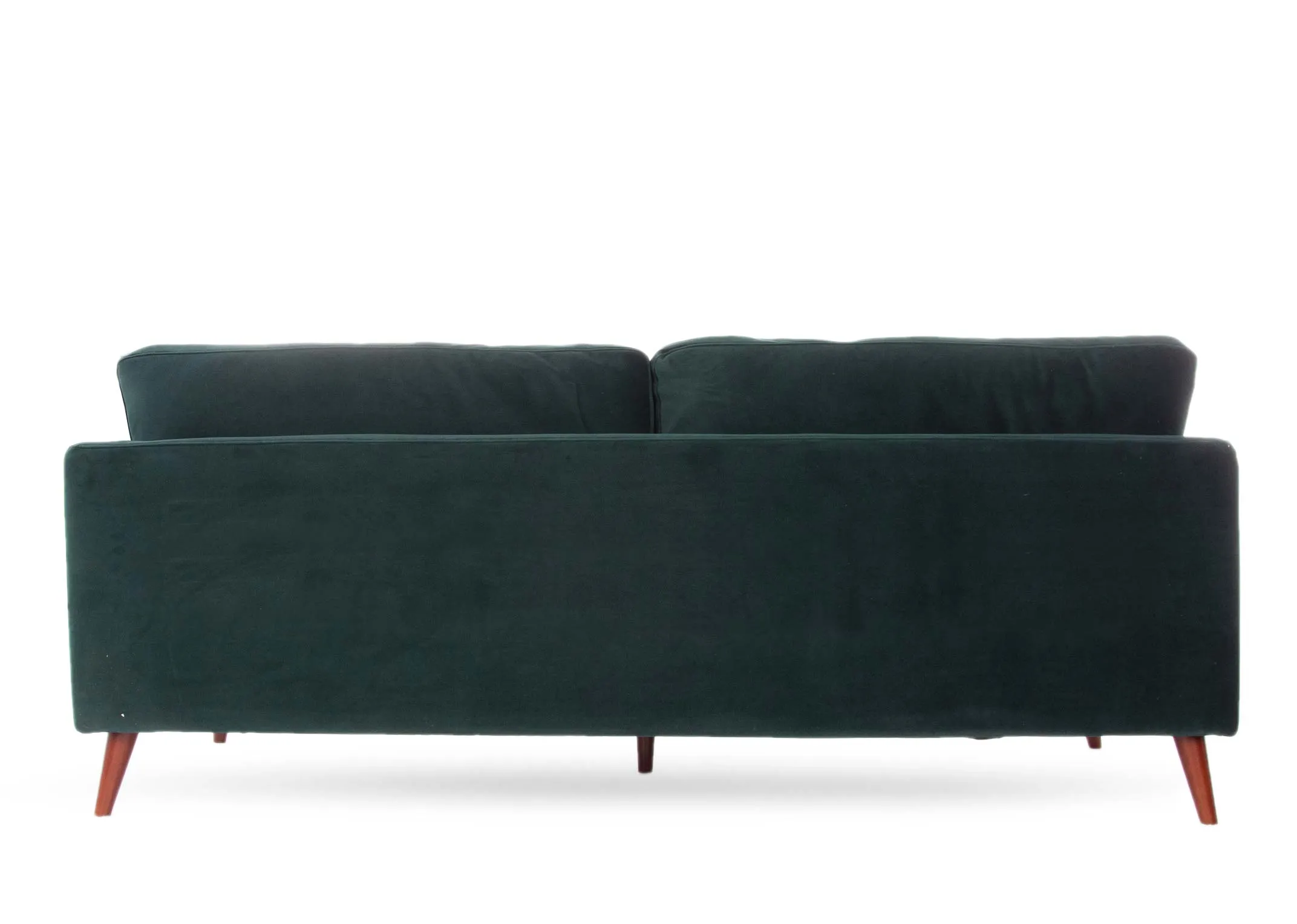 A green velvet 3 seater sofa from EZ Living's Bellini range. Back view of warrantied frame