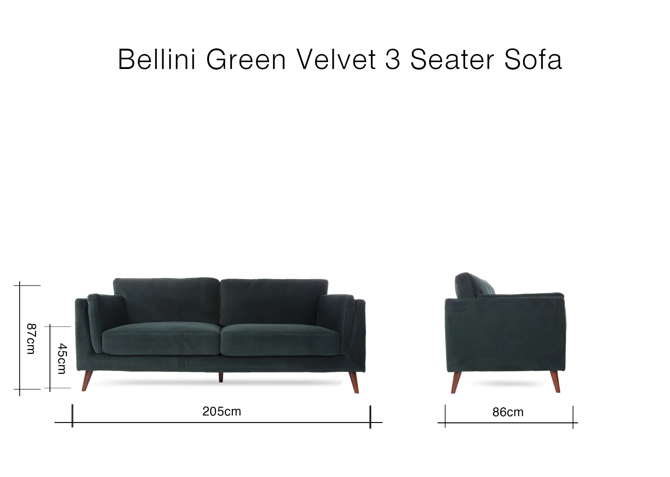 A dimension image of the Bellini Green Velvet Sofa with 205cm(Width) x 86cm (Depth) x 87cm (Height)