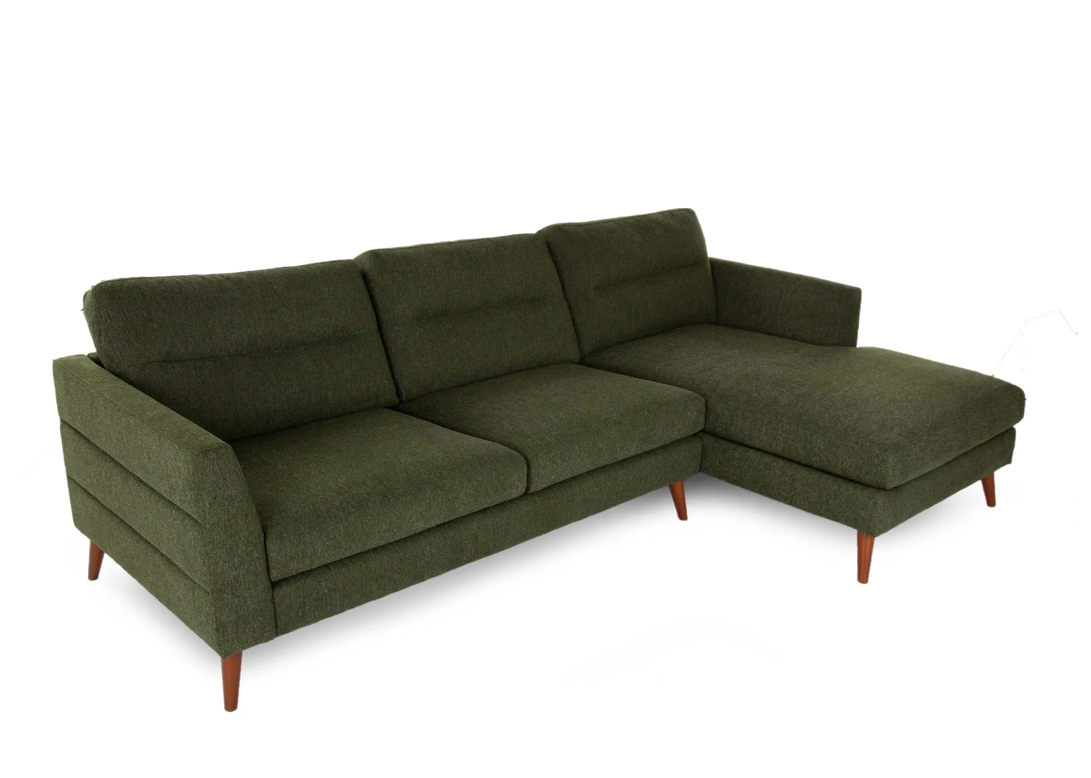 A green fabric right hand corner chaise with wood feet from EZ Living Furniture's Presley range. Angled view of chaise