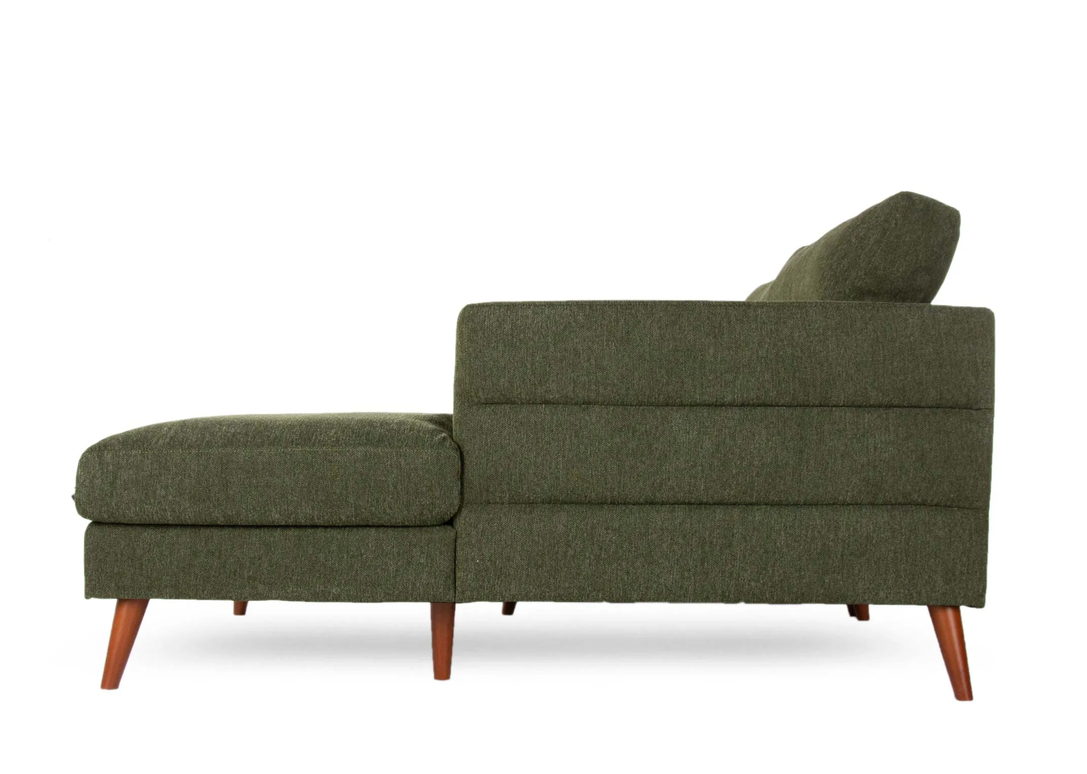 A green fabric right hand corner chaise with wood feet from EZ Living Furniture's Presley range. Side view of seam detail